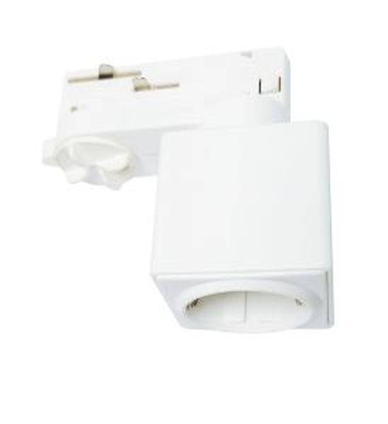 Weißer Adapter zum Anschluss von Beleuchtungsspots an eine Schienensystem. Enthält Steckmechanismus und Befestigungselemente.