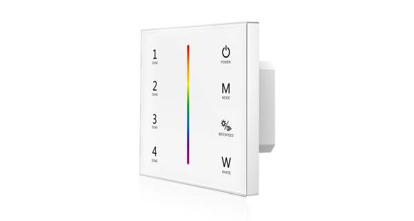 Ein modernes LED-Bedienfeld mit Zahlen von 1 bis 4 links, einem vertikalen Farbregler in der Mitte und Symbolen für Power, Mode, Brightness und White rechts.