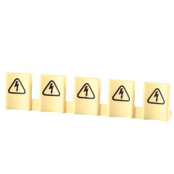 Warnschild mit fünf gelben Tafeln, jedes mit einem schwarzen Blitzsymbol in einem Dreieck, symbolisiert elektrische Gefahr.