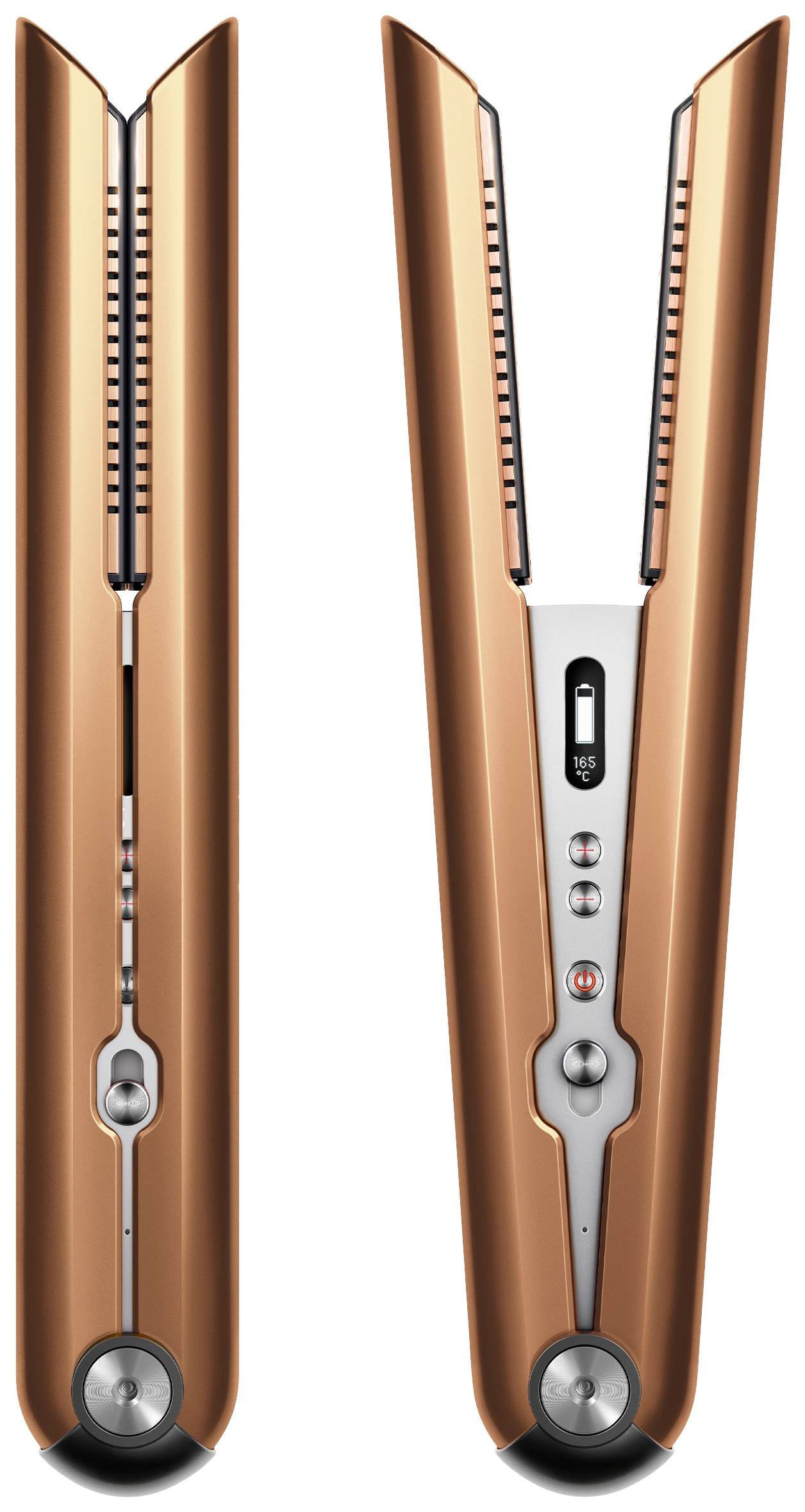 Ein bronzefarbener kabelloser Haarglätter mit digitalem Display und Temperaturregler, gesehen von der Seiten- und Vorderansicht.