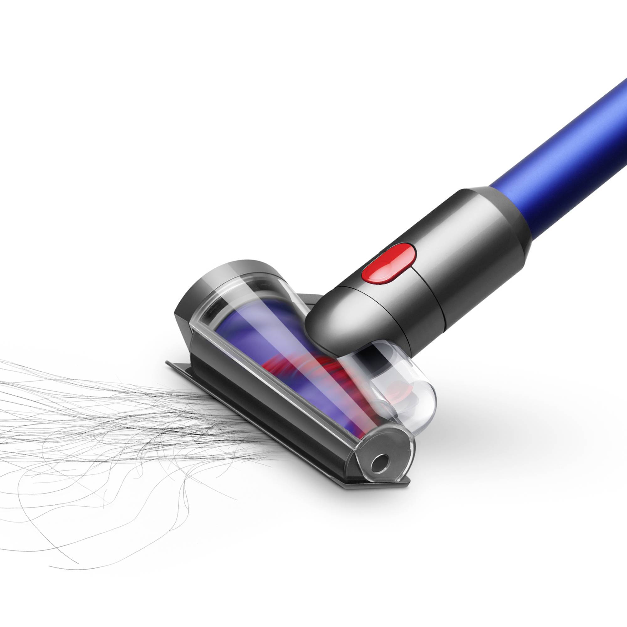 Ein Staubsaugeraufsatz saugt Haare auf. Der Aufsatz hat eine rot-blaue Bürste, die zur effektiven Entfernung von Haaren dient.