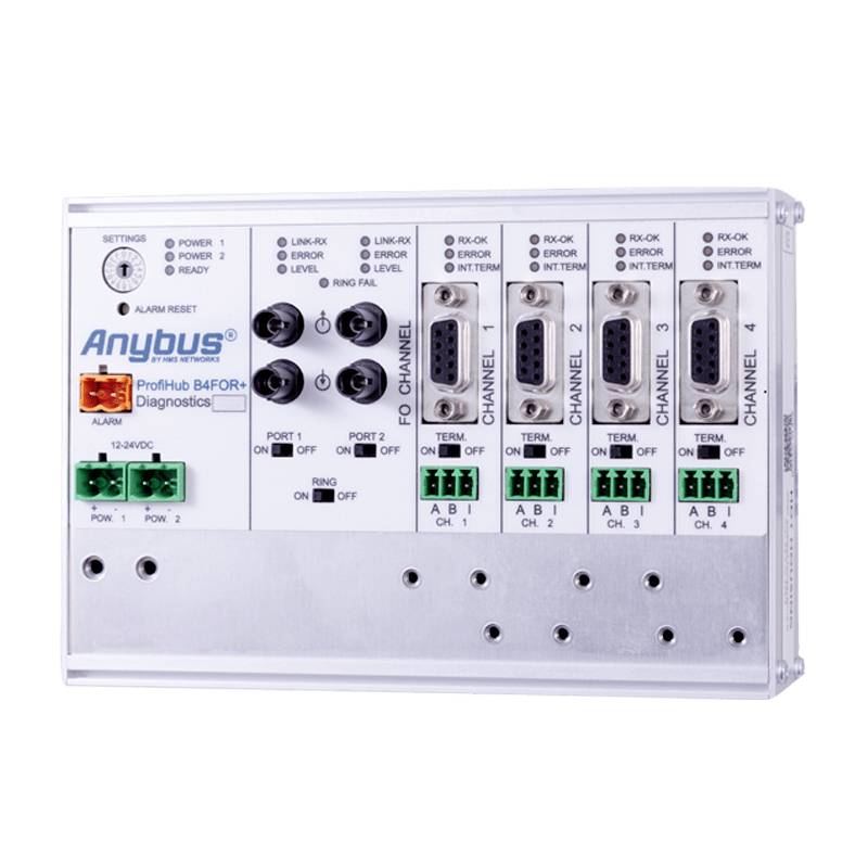 Elektronisches Gerät mit mehreren Anschlüssen und Kanälen. Beschriftet 'Anybus ProfHub B4F0R-Diagnostics'. LED-Anzeigen und Schalter oben.