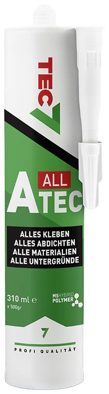 Klebstoffkartusche mit Aufschrift 'Tec All A Tec'. Eignung für alle Materialien und Untergründe, 310 ml. Enthält Polymertechnologie.