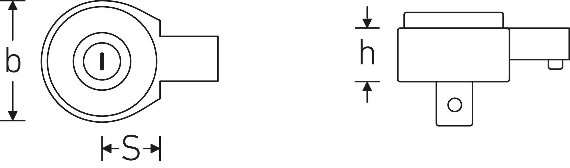 Diagramm eines zylindrischen Schlosses mit Ansichten von oben und der Seite. Draufsicht enthält Durchmesser 'b' und Versatz 'S'. Seitenansicht zeigt Höhe 'h'.