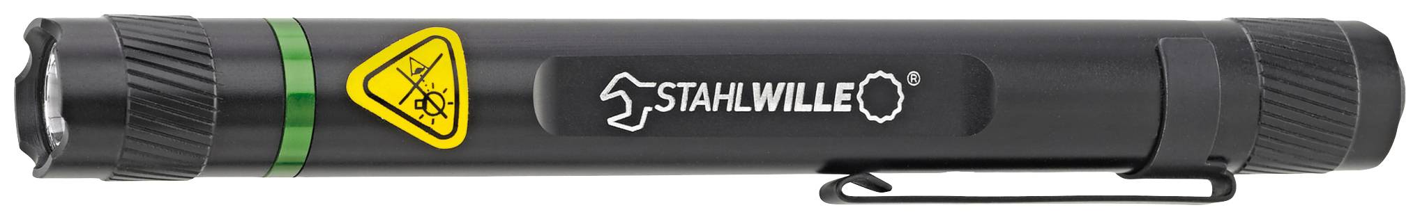 Taschenlampe mit Clip und ATEX-Zertifizierung für explosionsgefährdete Umgebungen. Schwarzes Gehäuse mit gelbem Warnsymbol.