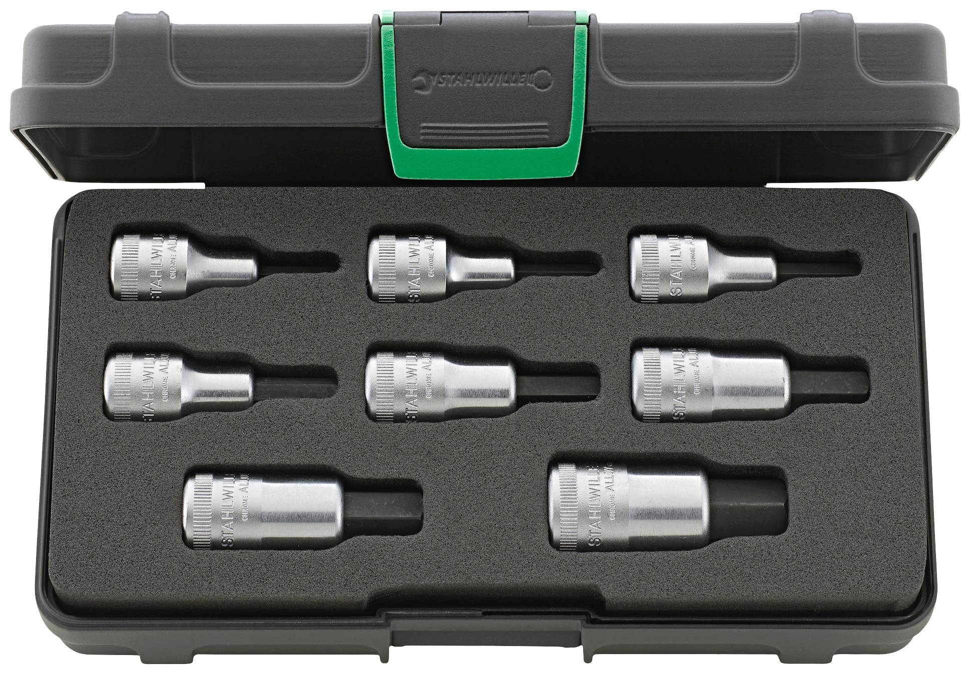 Ein Satz Torx-Stecknüsse, ordentlich in einer aufklappbaren schwarzen Box angeordnet. Acht Stecknüsse in verschiedenen Größen sind sichtbar.