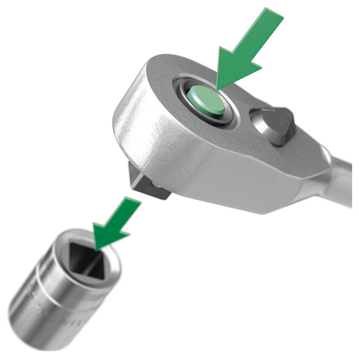 Grüne Pfeile zeigen auf den Knopfdruck-Schnellverschlussmechanismus auf einem Ratschenhebel und der Stecknadel, um anzuzeigen, wie die Stecknadel befestigt wird.
