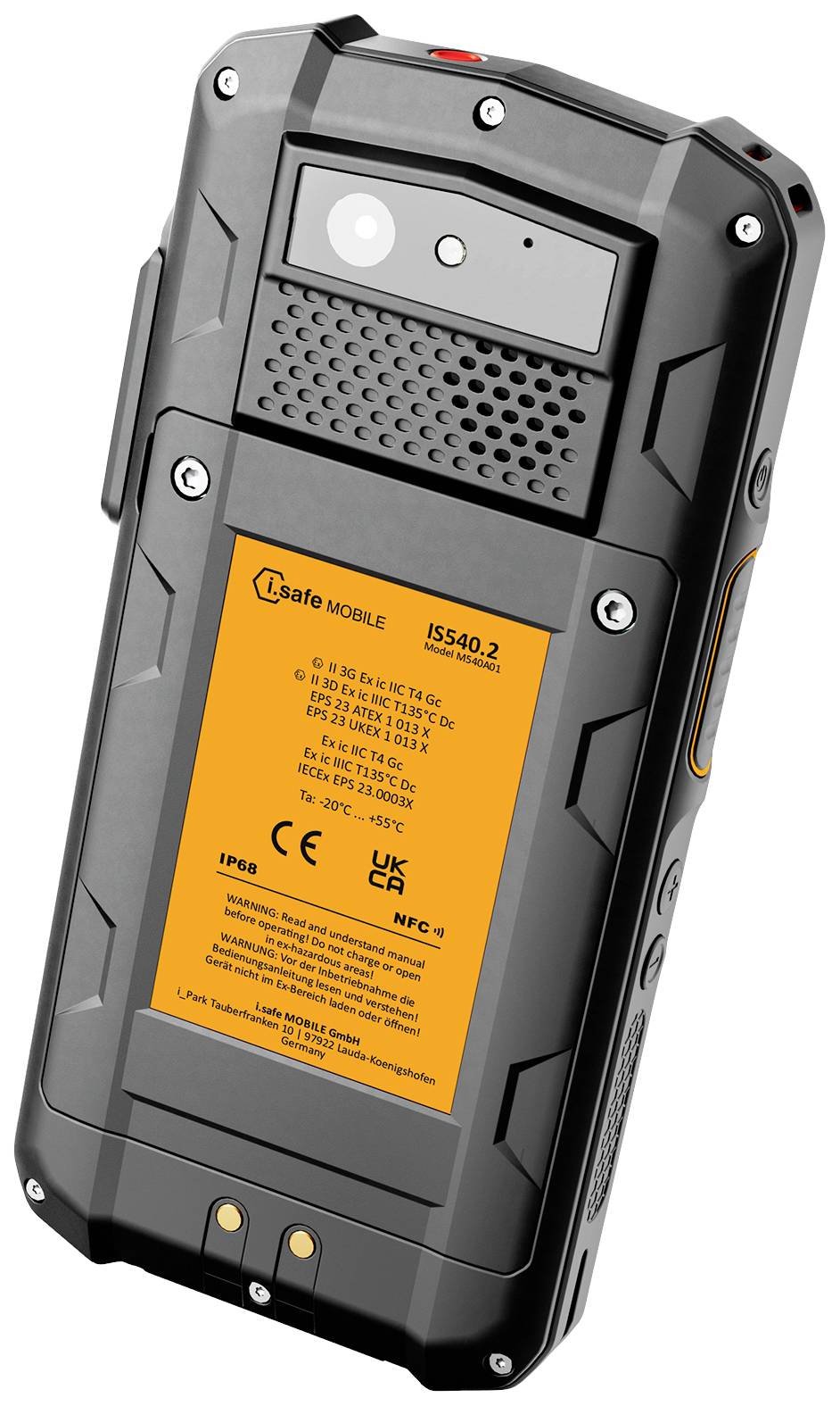Robustes schwarzes Mobiltelefon mit orangefarbenem Etikett auf der Rückseite. Zeigt CE- und UKCA-Zertifizierungen sowie NFC-Funktion.