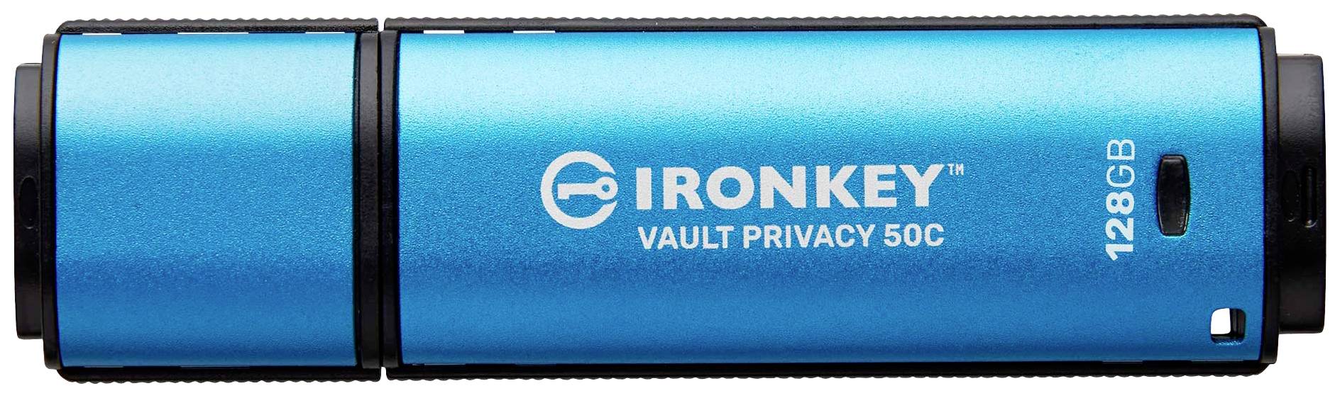 Blaue 'IronKey' USB-Stick mit Aufschrift 'Vault Privacy 50C' und '128GB' Speicherkapazität.