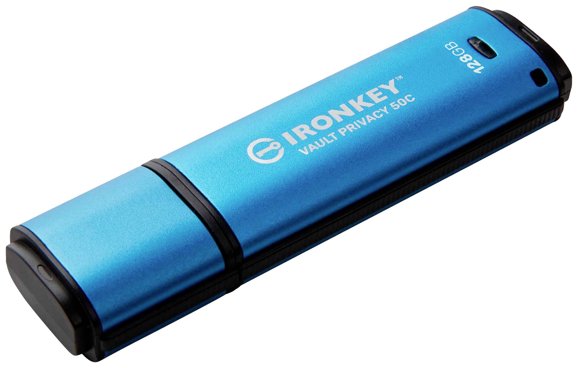 Blauer USB-Stick mit der Aufschrift 'IronKey Vault Privacy 50C'.