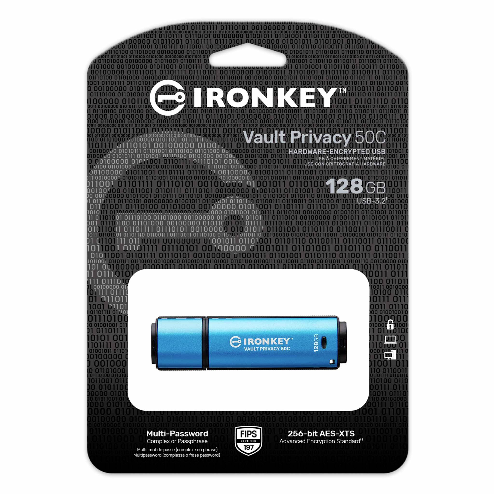 'IronKey Vault Privacy 50C' USB-Stick mit 128 GB. Hardware-verschlüsselt, FIPS 197 zertifiziert, in einer schützenden Verpackung.