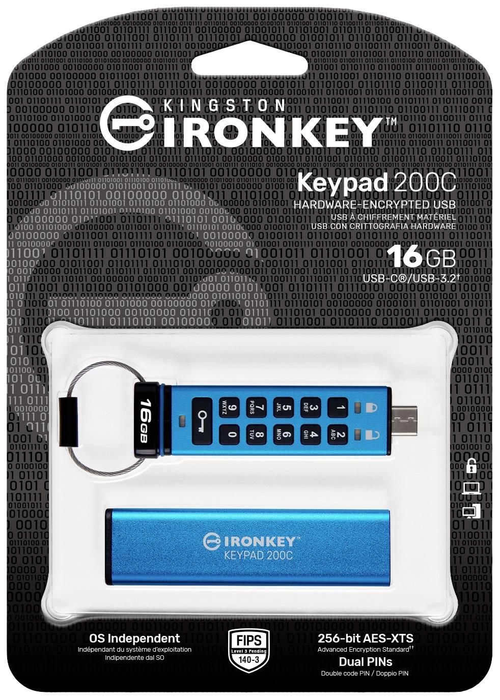 Kingston IronKey Keypad 200C USB-Stick 16GB Blau IKKP200C/16GB USB-C®