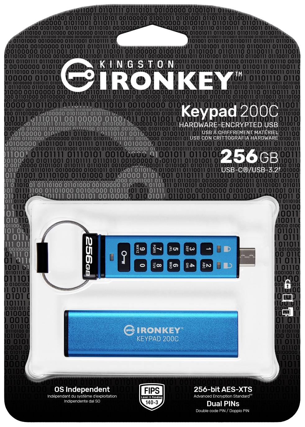 Kingston IronKey Keypad 200C USB-Stick 256GB Blau IKKP200C/256GB USB-C®