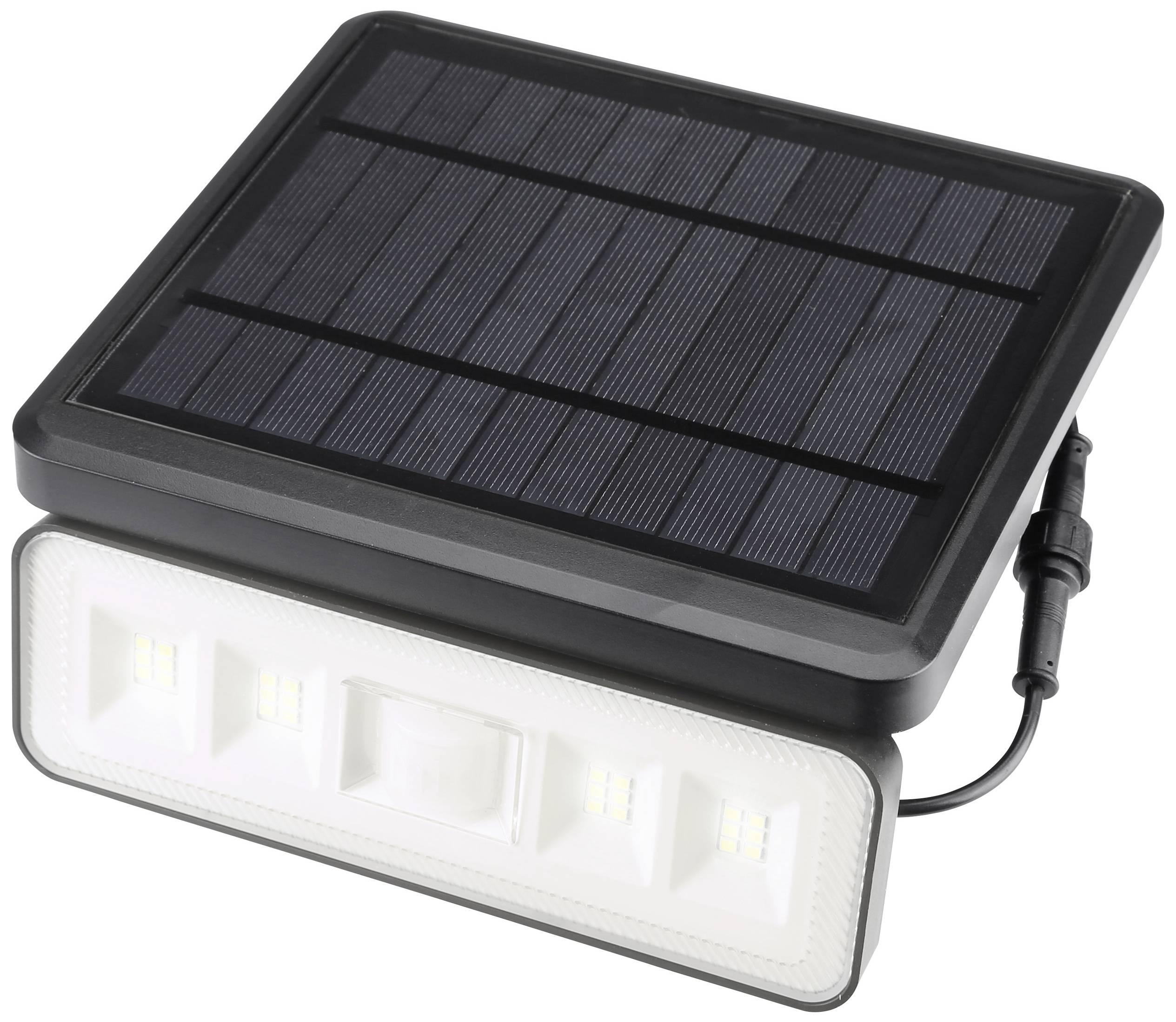 Solarlampe mit schwarzem Solarpanel und weißem LED-Licht, verbunden durch ein Kabel, geeignet für umweltfreundliche Außenbeleuchtung.