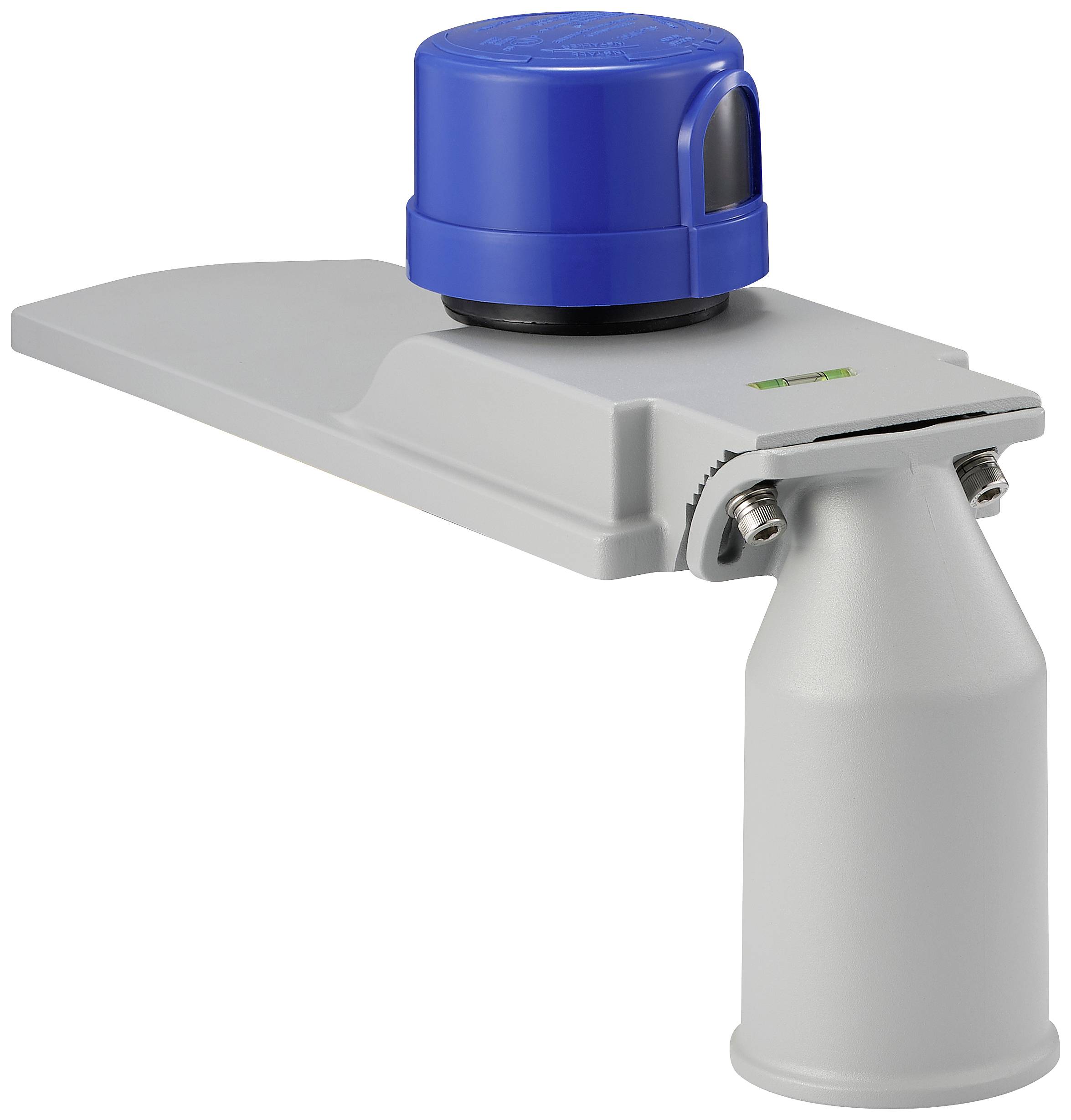 Ein grauer, industrieller Sensor oder Messgerät mit einem blauen oberen Teil, möglicherweise für Flüssigkeits- oder Feststoffkontrolle.