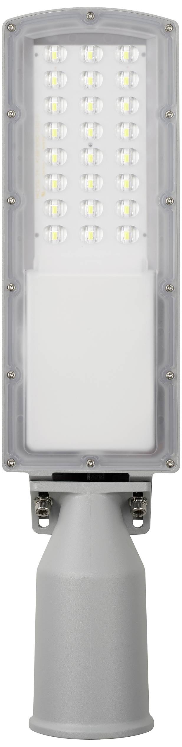 Graue LED-Straßenlaterne mit rechteckigem Lichtfeld; 28 gelbe Dioden in vier Spalten angeordnet.