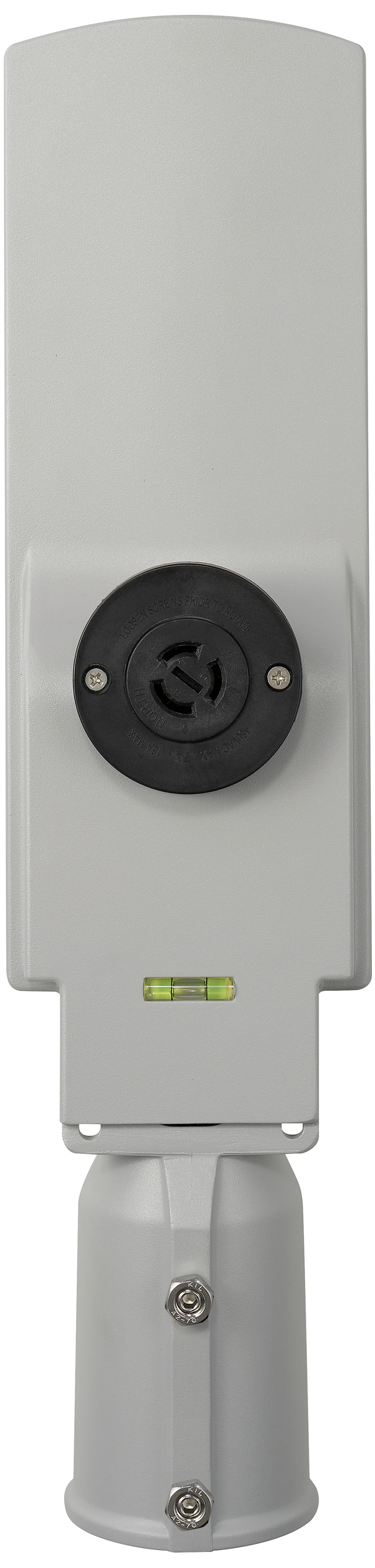 Ein graues Antennengerät mit einer runden schwarzen Befestigung und integrierter Wasserwaage ist von vorne zu sehen.