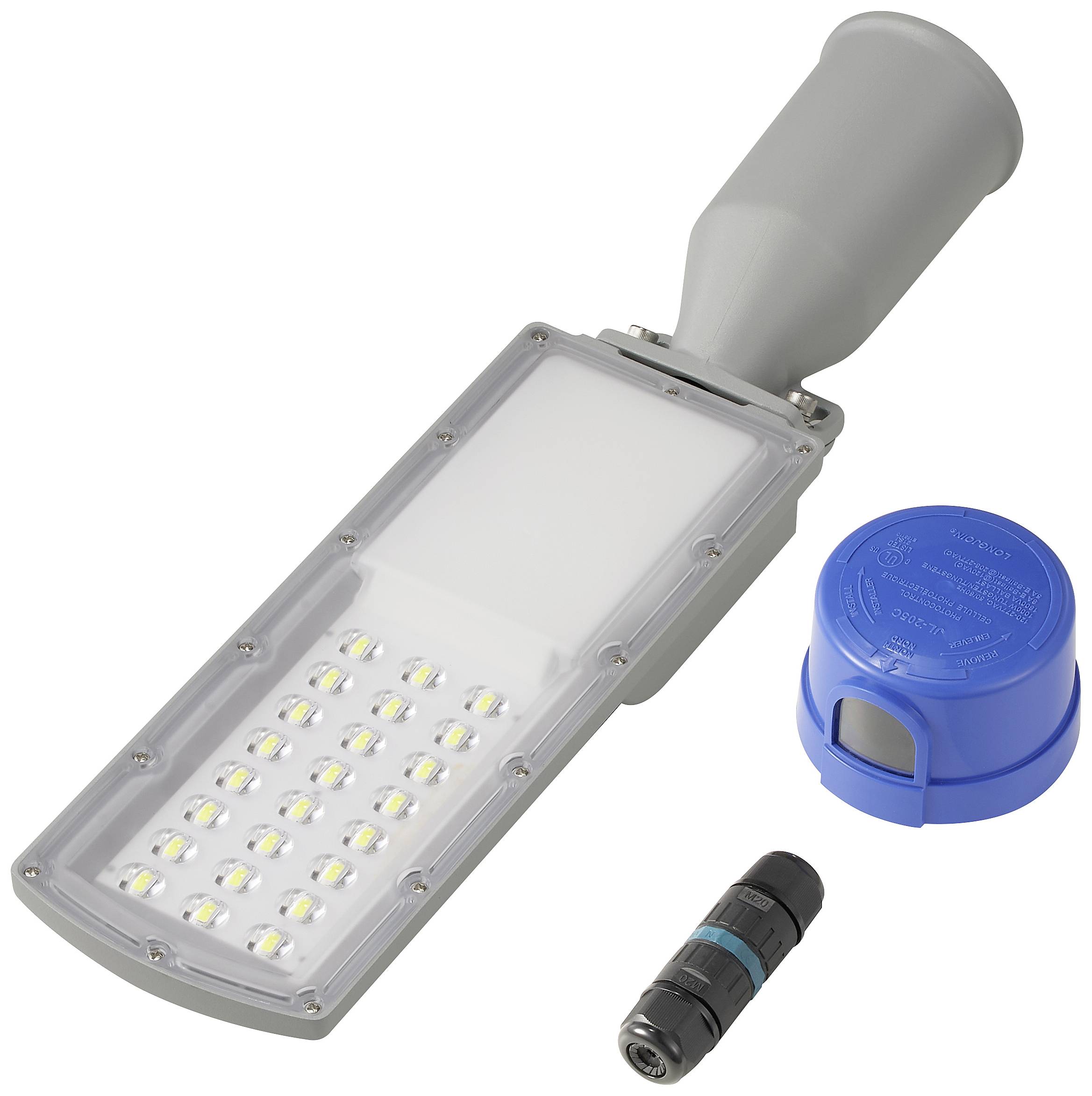 Elektronischer LED-Straßenbeleuchtungskopf mit 30 integrierten Leuchten, einem Sensoraufsatz und einem schwarzen elektrischen Stecker.