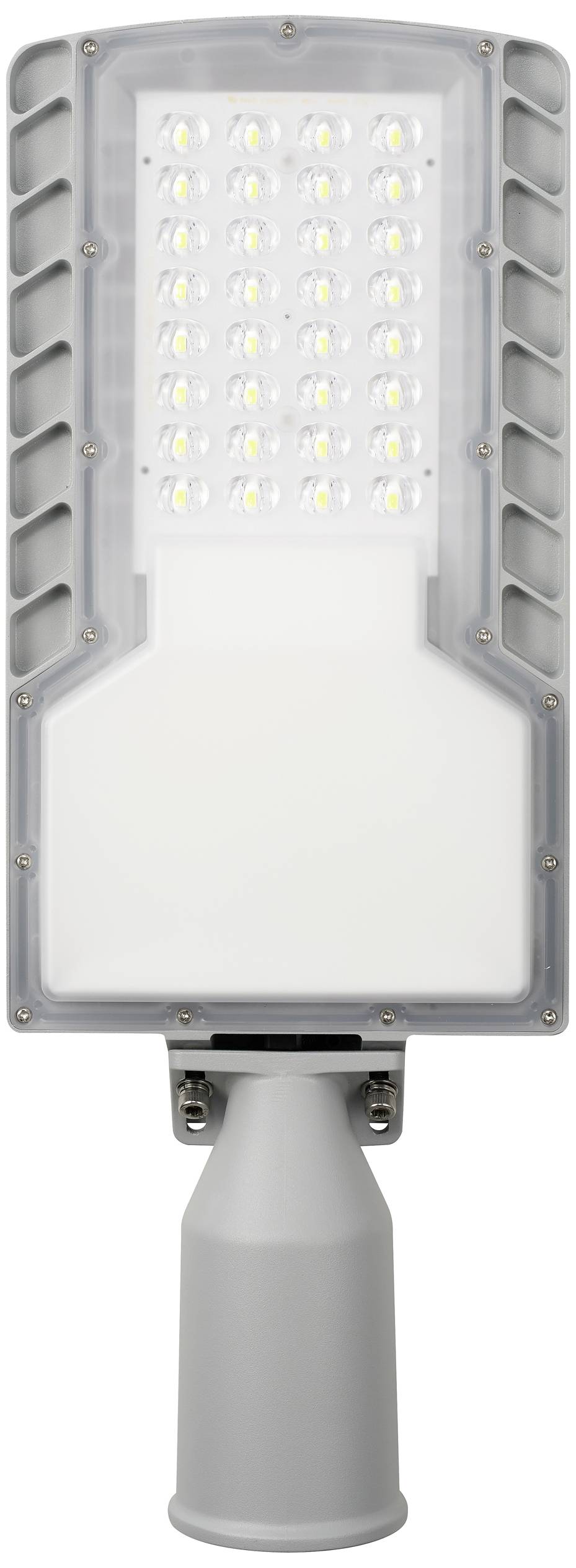 Eine graue LED-Straßenlaterne mit rechteckiger Leuchtfläche, vertikal angeordnet. Sie ist zur Montage auf einem Mast vorgesehen.