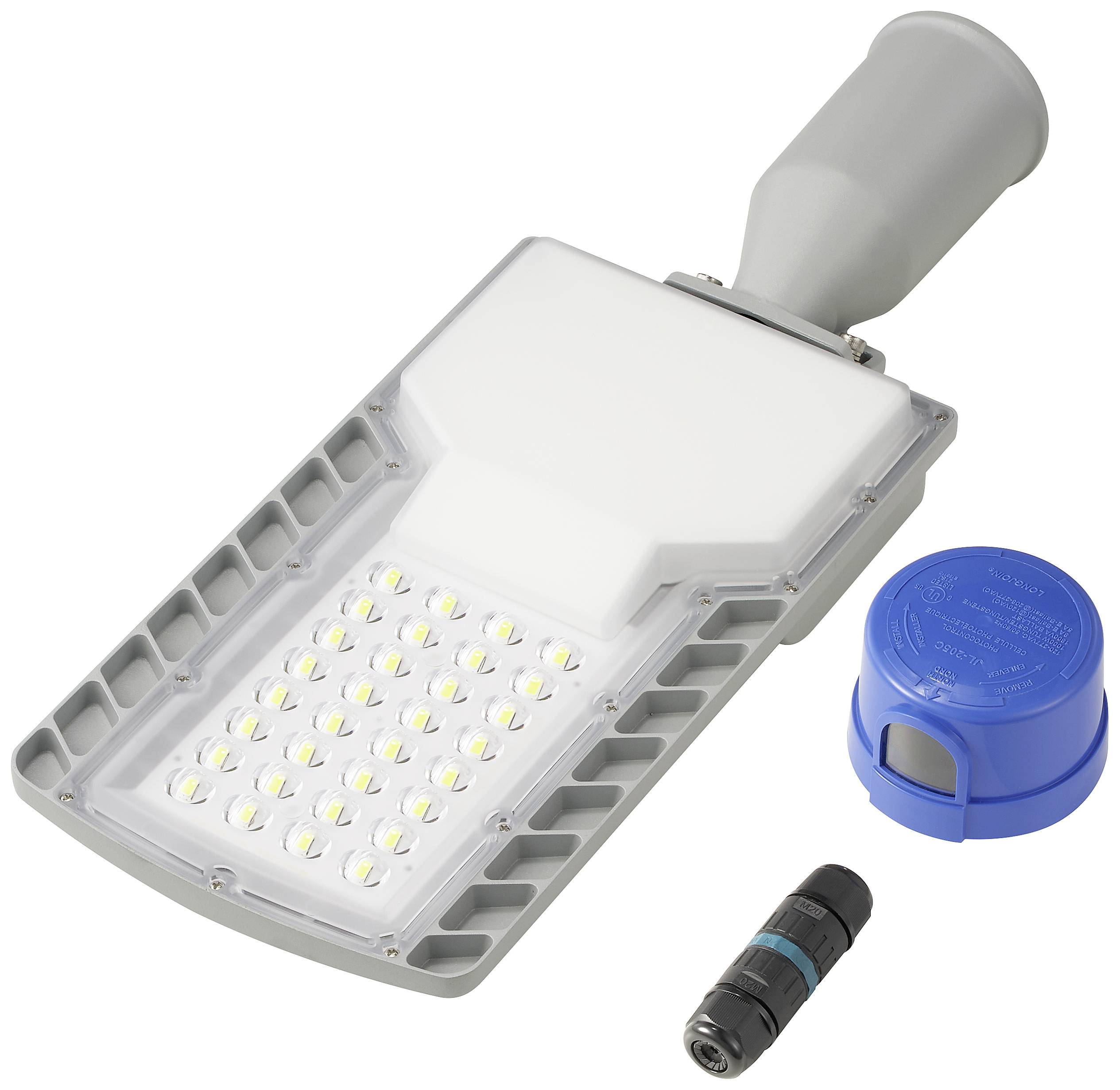 Eine graue LED-Straßenlaterne mit vielen kleinen Leuchten, daneben eine blaue Abdeckkappe und ein kleiner schwarzer Zylinder.