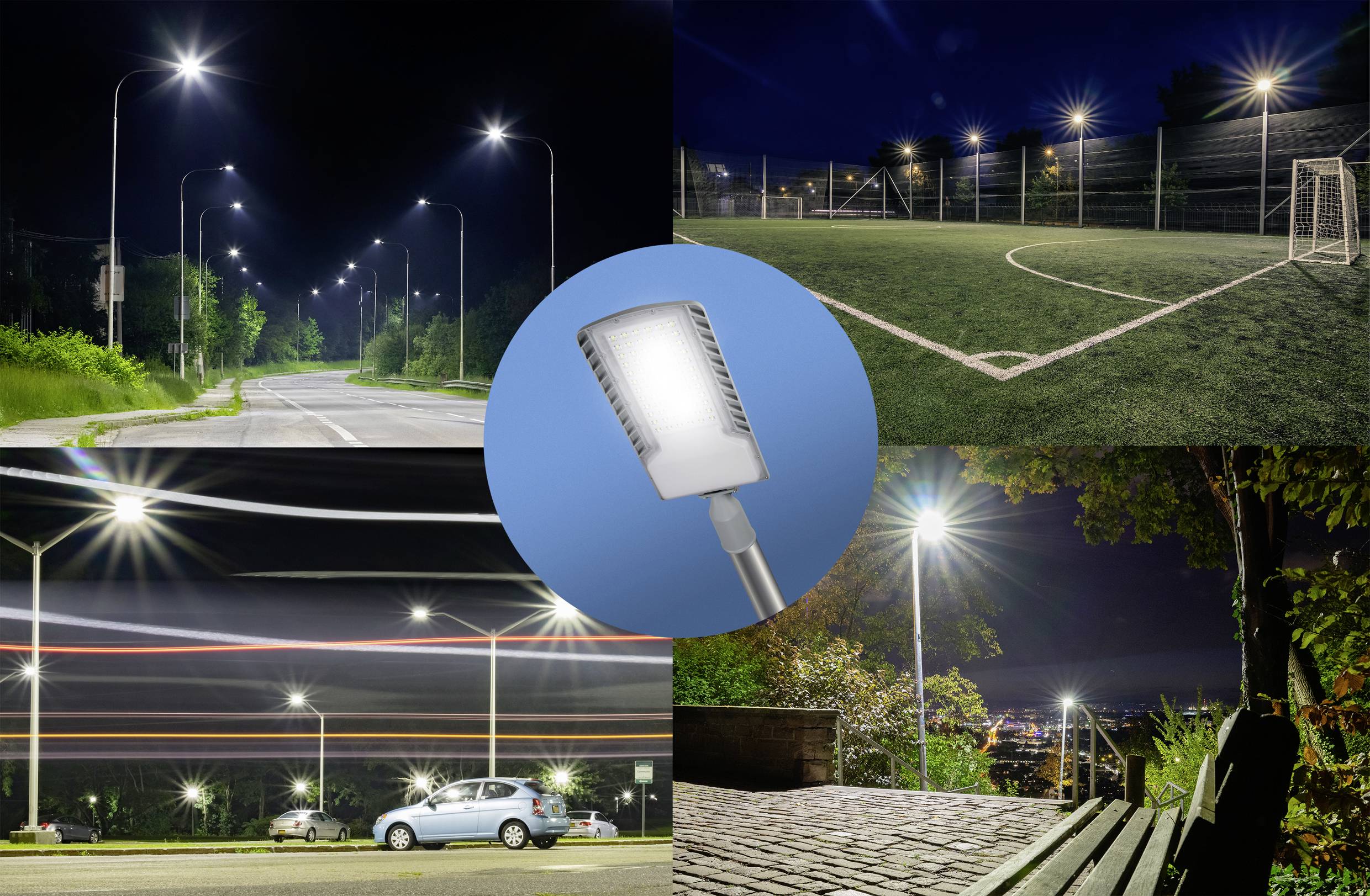 Straße, Fußballplatz, Parkplatz bei Nacht, beleuchtet von modernen Straßenlampen. Fokus auf LED-Lampe in der Mitte.