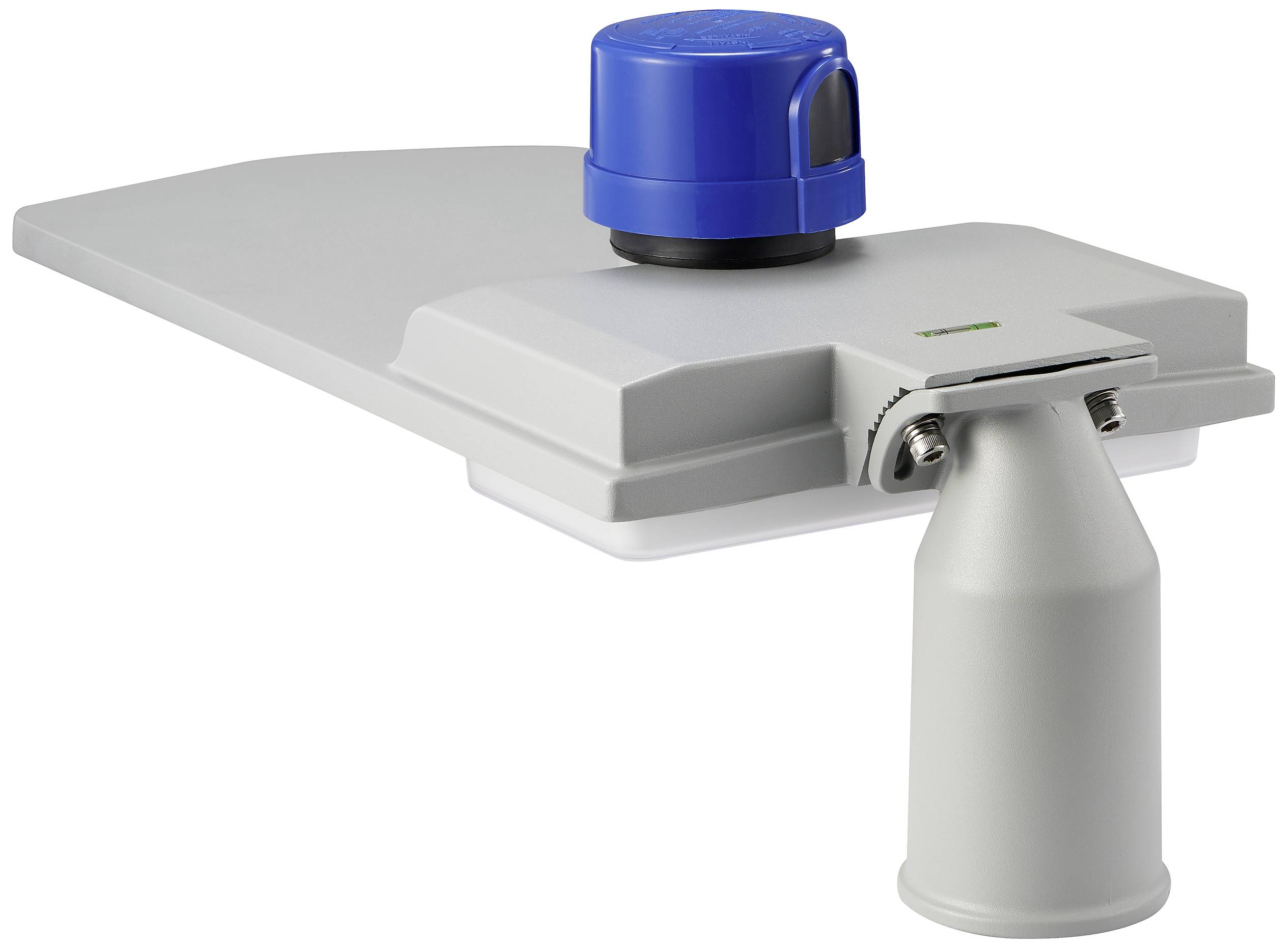 Eine moderne Straßenlaterne mit blauer Sensorabdeckung und grauem Gehäuse, zeigt fortschrittliche Technologie zur Straßenbeleuchtung.