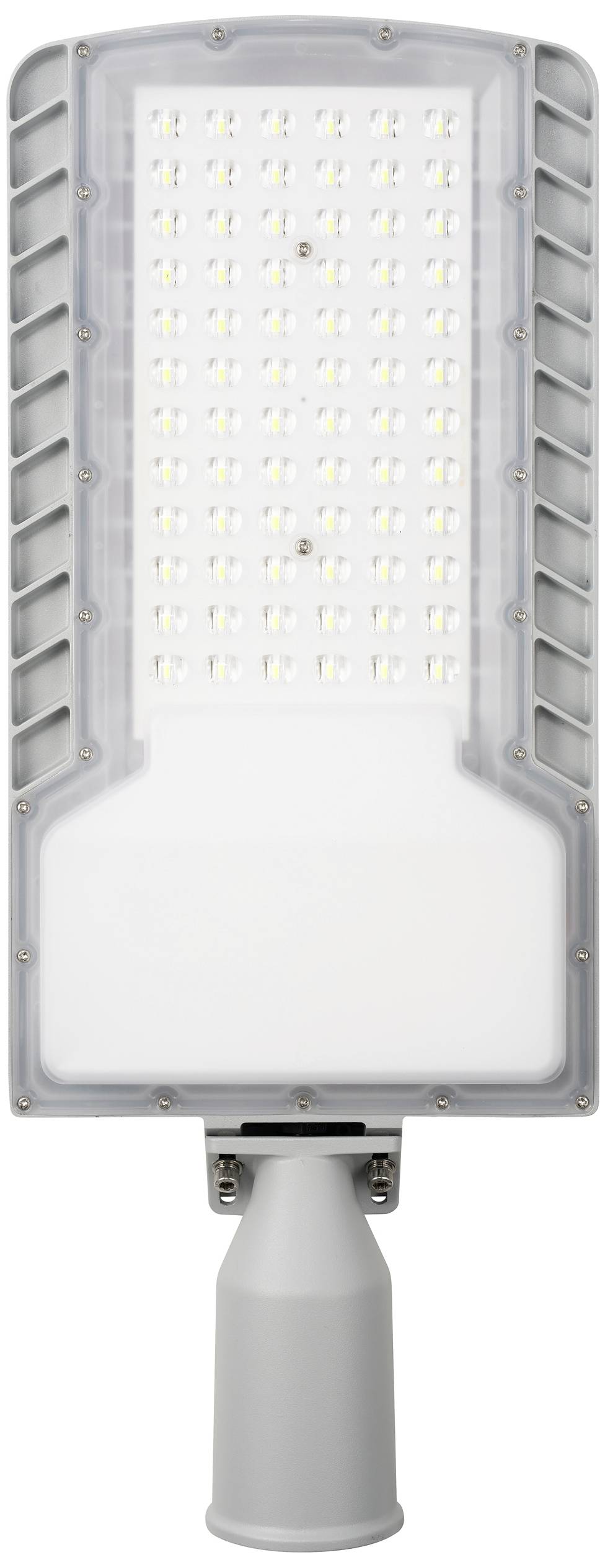 Straßenlaterne mit rechteckigem LED-Lichtpaneel, befestigt an einem zylindrischen grauen Mast.