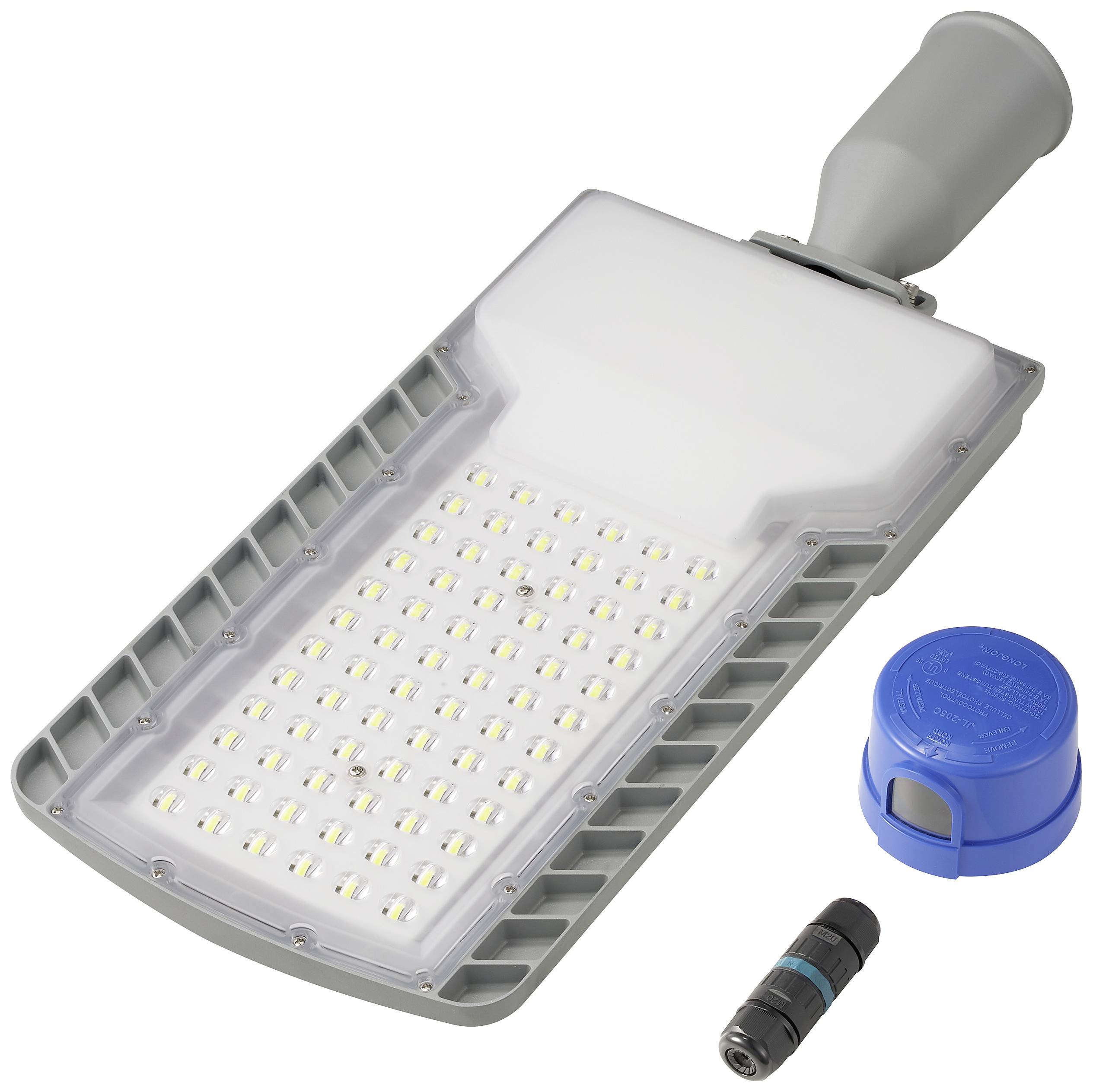 Eine moderne LED-Straßenleuchte mit abnehmbaren Komponenten, darunter ein blaues Modul und ein weiterer kleinerer Adapter.