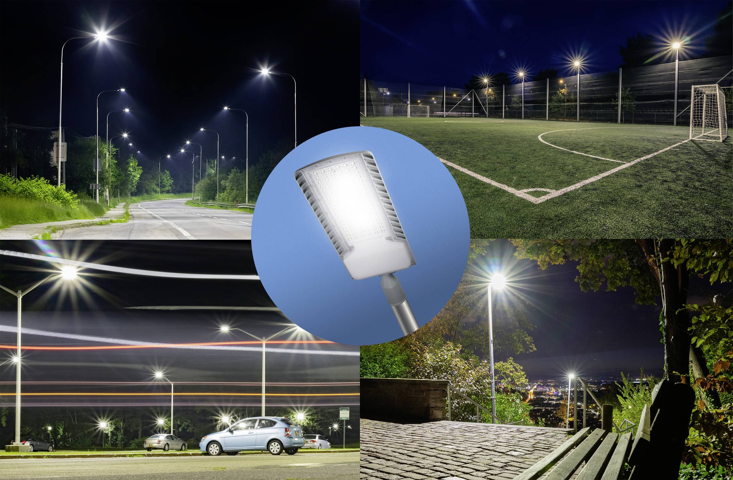 Eine Collage zeigt Straßenbeleuchtung, einen beleuchteten Fußballplatz und einen beleuchteten Park, hervorgehoben durch eine runde Lampe.