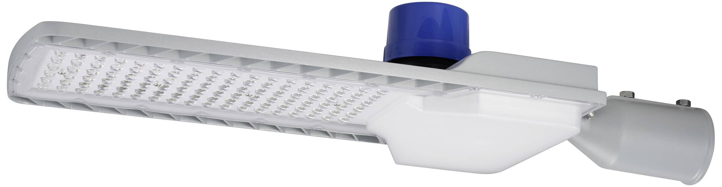 Straßenleuchte mit LED-Paneel und blauer Abdeckung oben, seitlich montiert auf einem Stab. использует технологию LED для Energieeffizienz.