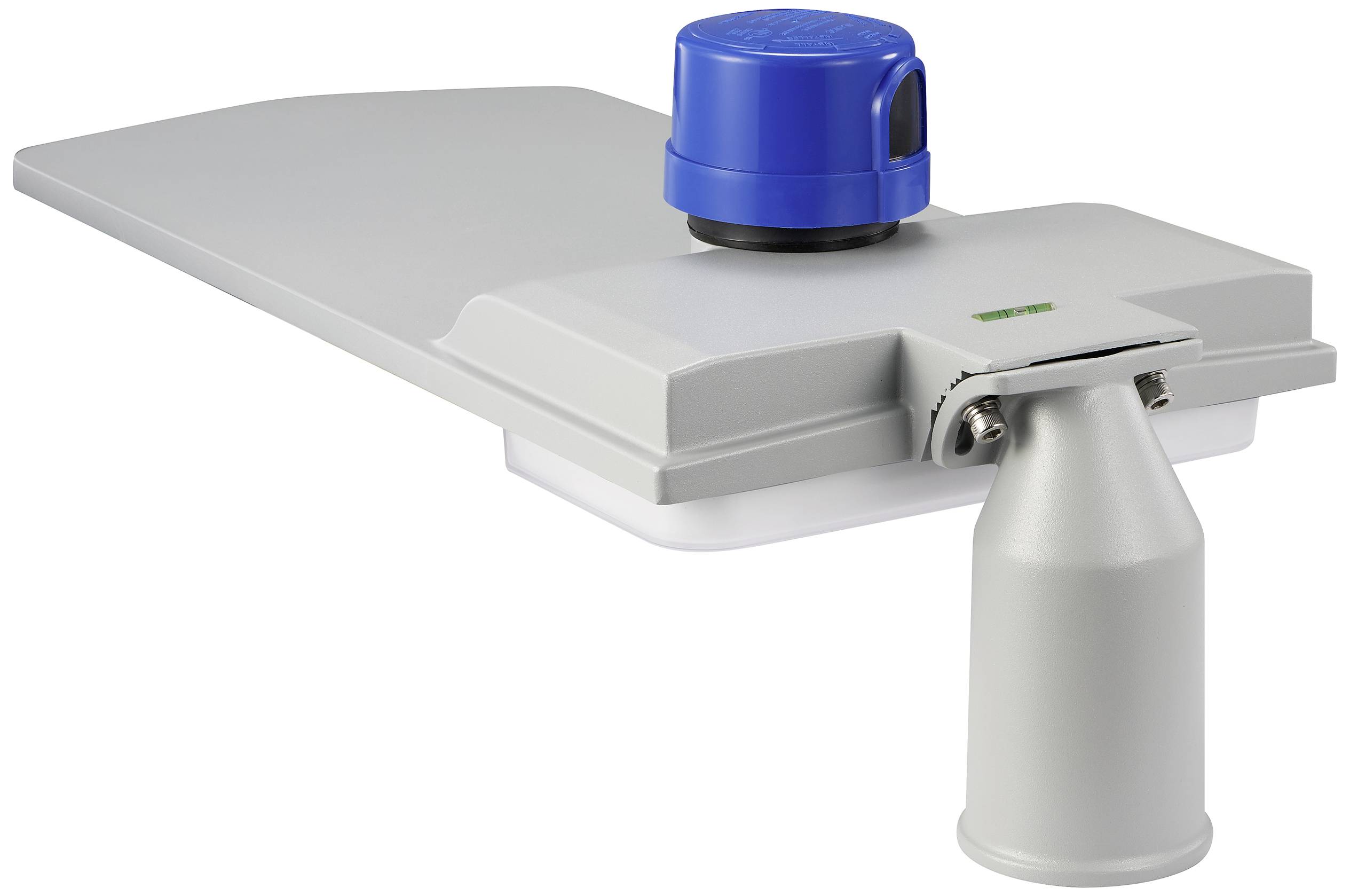 Straßenleuchte mit blauem Sensor auf grauer Halterung, geeignet für Außenbeleuchtung.