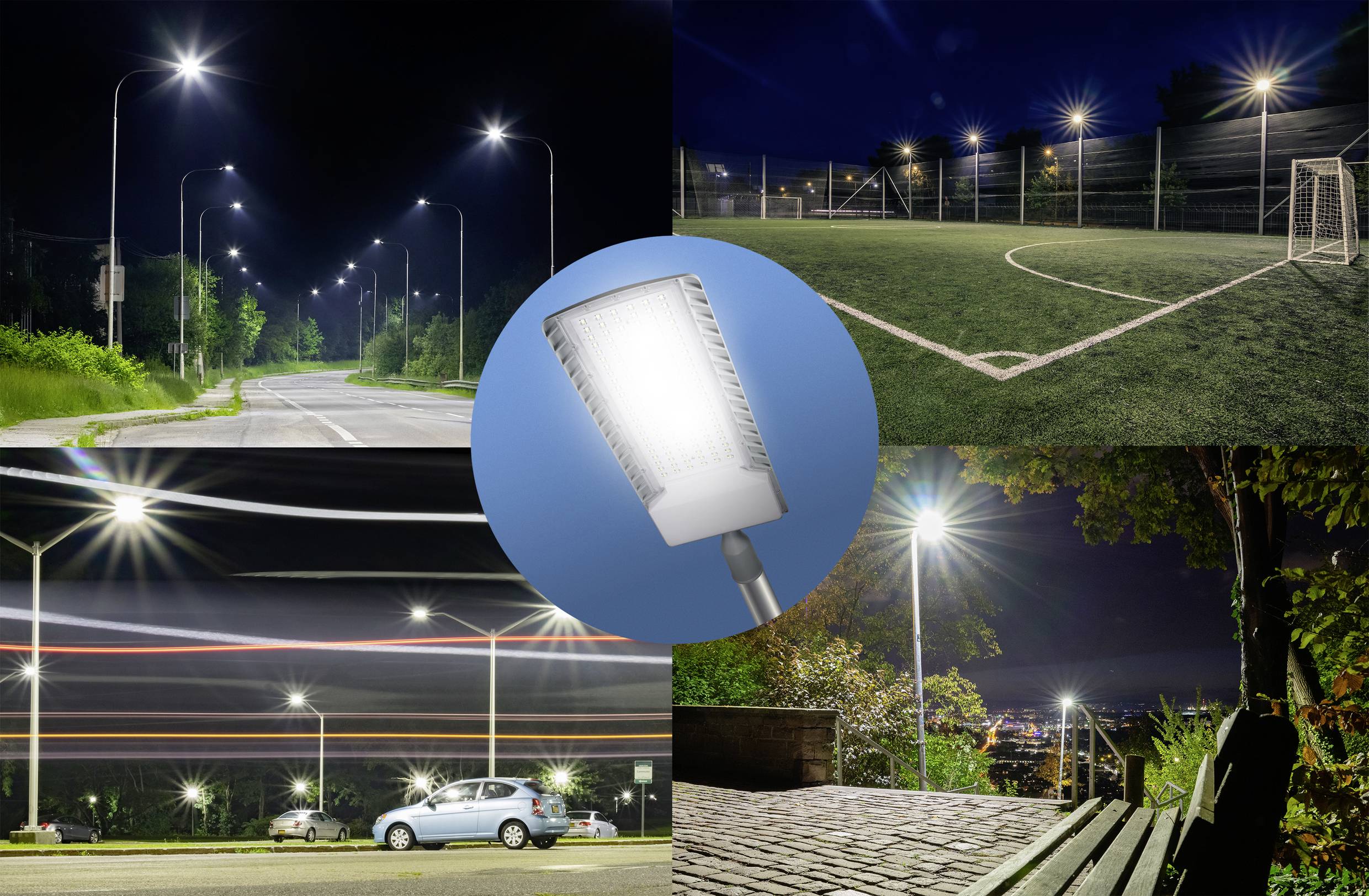 Die Collage zeigt verschiedene Außenszenen bei Nacht mit Straßenlampen und Fußballfeldern. In der Mitte ist eine Nahaufnahme einer Lampe.