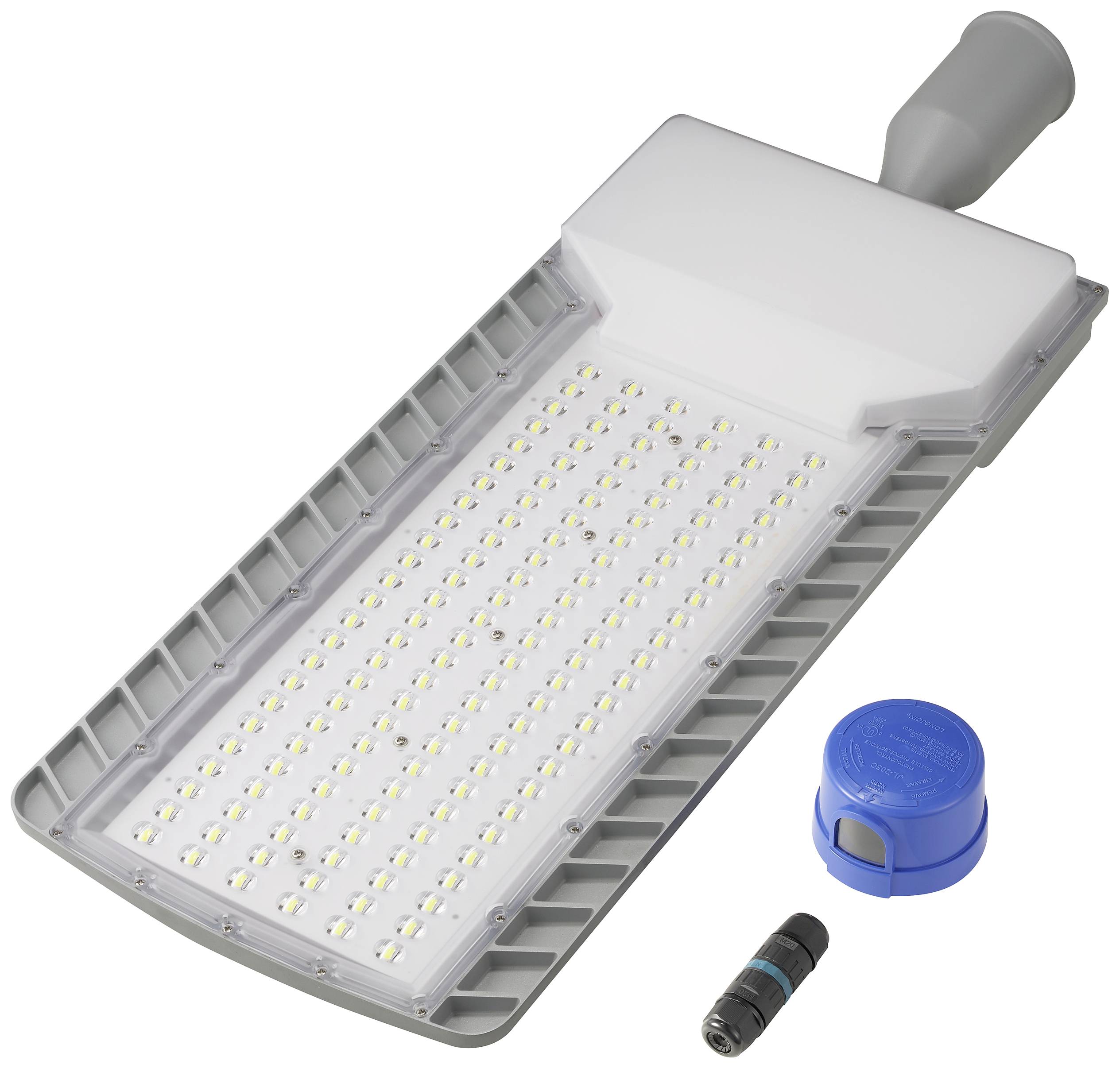 LED-Straßenleuchte mit rechteckigem Gehäuse in Grau und Weiß. Enthält zahlreiche LEDs in Reihen. Blaues Bauteil und kleiner schwarzer Adapter daneben.