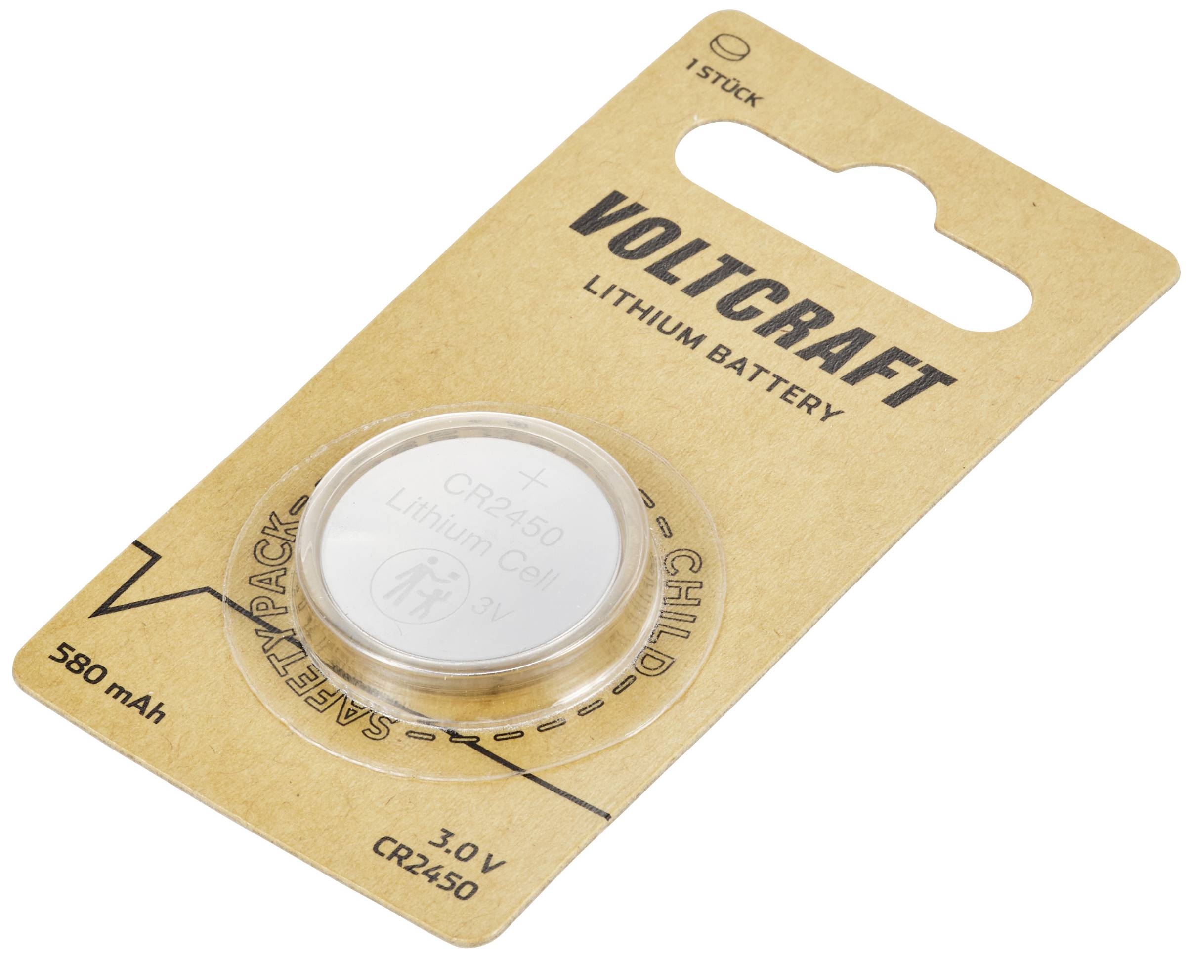 'Voltcraft Lithium-Batterie 3.0 V CR2450, 580 mAh, 1 Stück, kindersicherer Pack' auf Blister-Verpackung aus Karton.