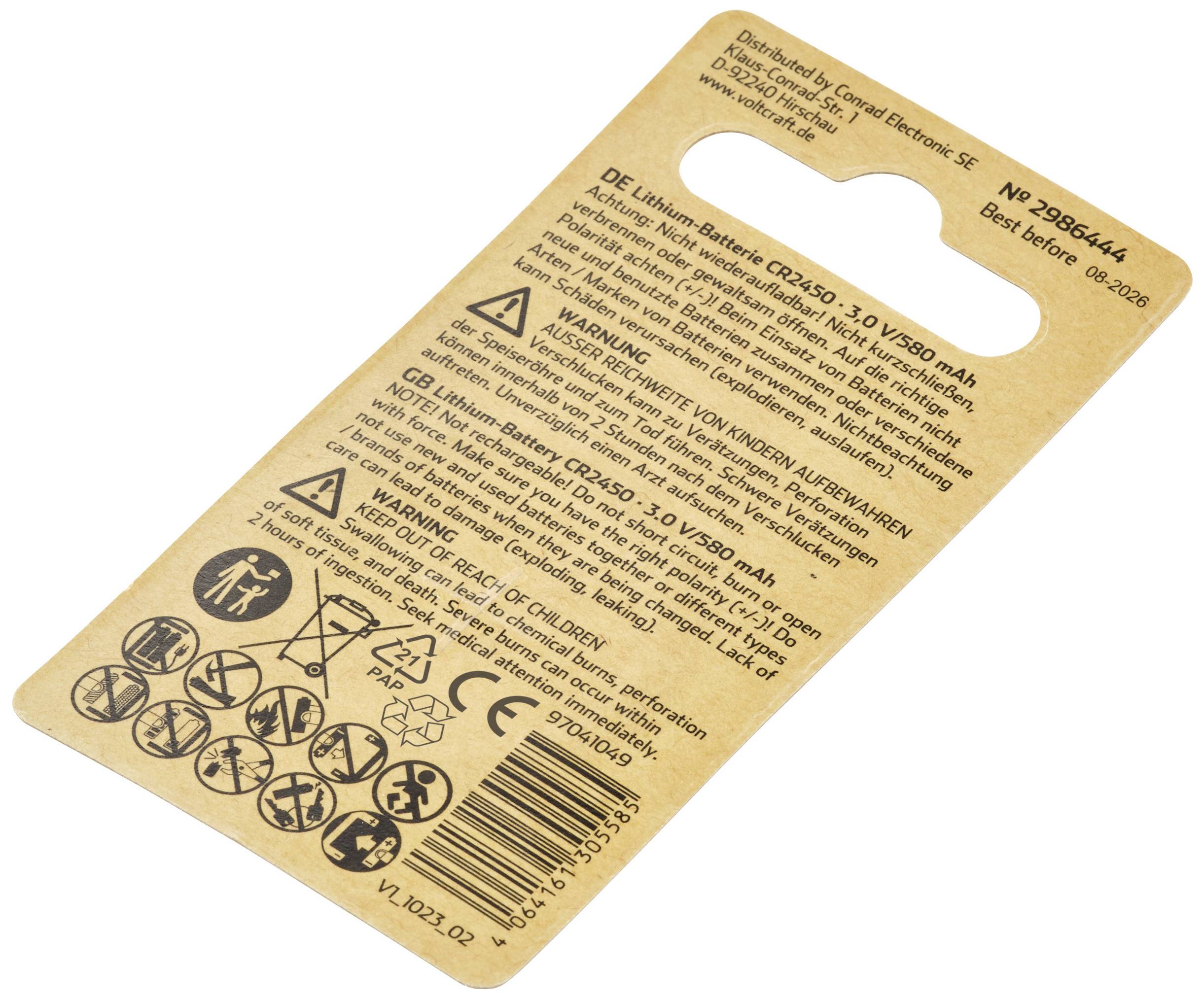 VOLTCRAFT Knopfzelle CR 2450 3V 1 St. 580 mAh Lithium