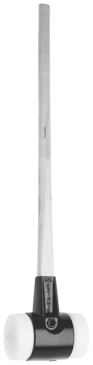 Ein Metallhammer mit schwarzem Griff und weißen Plastikenden auf beiden Seiten der Schlagfläche.