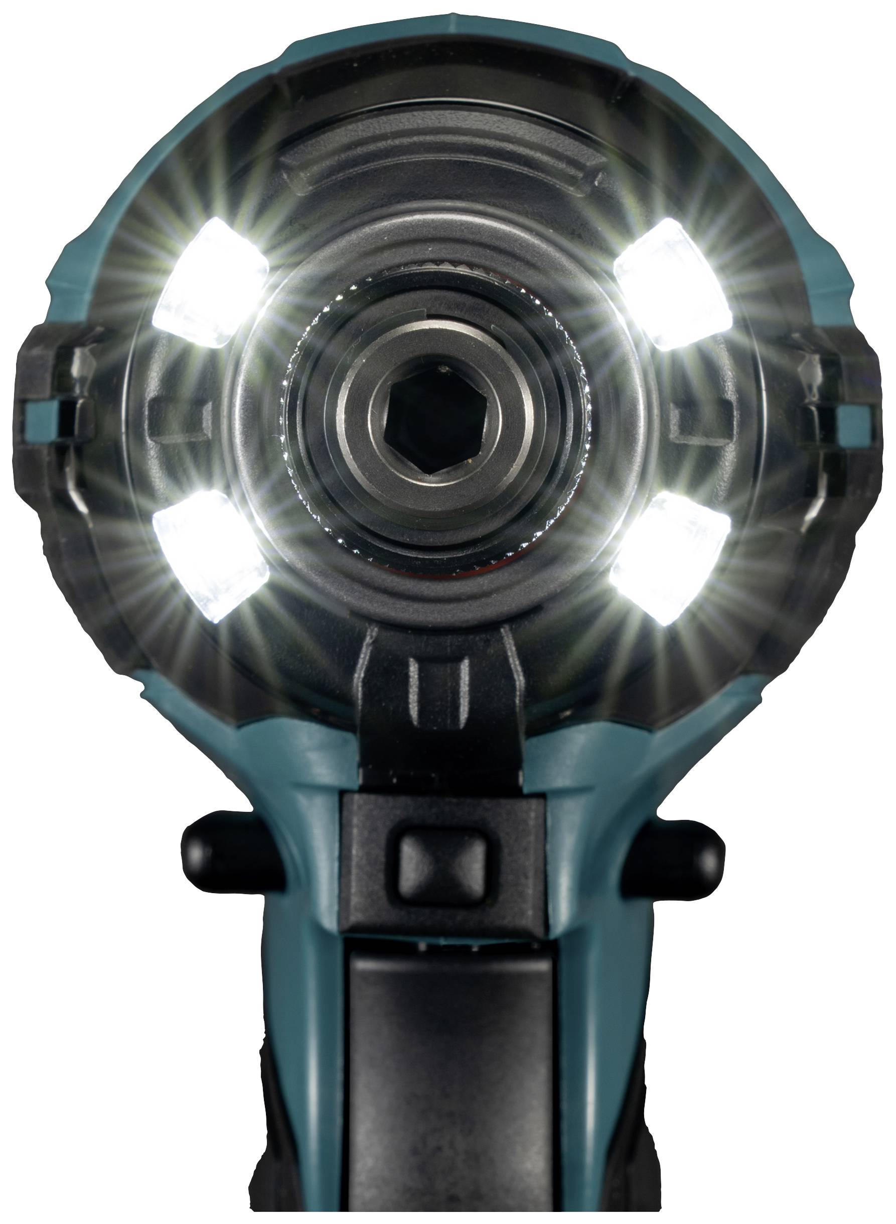 Akkuschrauber mit vier leuchtenden LED-Lichtern frontal abgebildet.