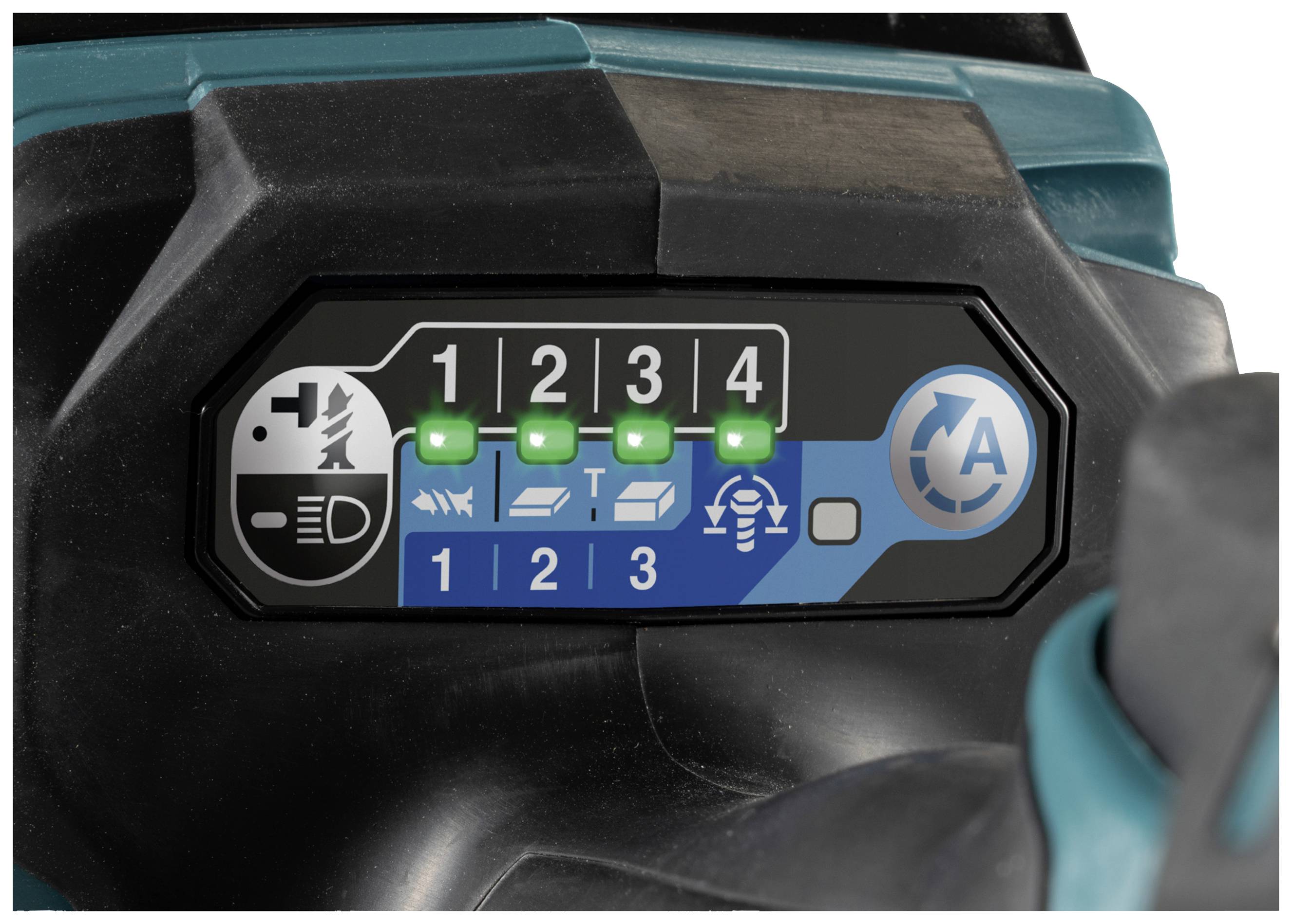 Ein Bedienfeld mit vier grünen Leuchtanzeigen, nummeriert von 1 bis 4, zeigt Betriebsmodi an, daneben eine Strecke und ein Automatikmodus-Symbol.