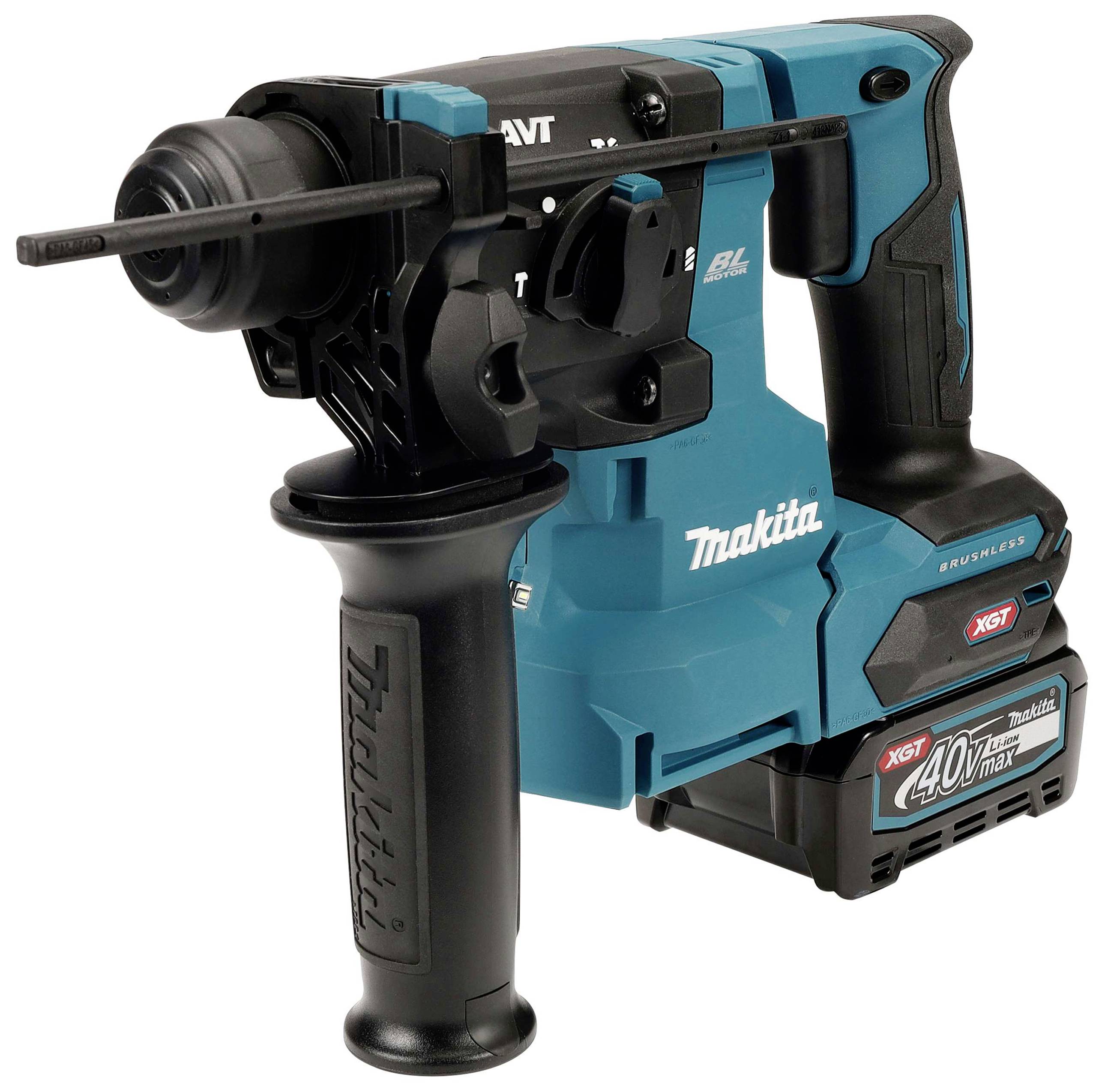 Makita Akku-Bohrhammer mit blau-schwarzem Design, ergonomischem Griff und XGT 40V max Akku, geeignet für schwere Bohrarbeiten.