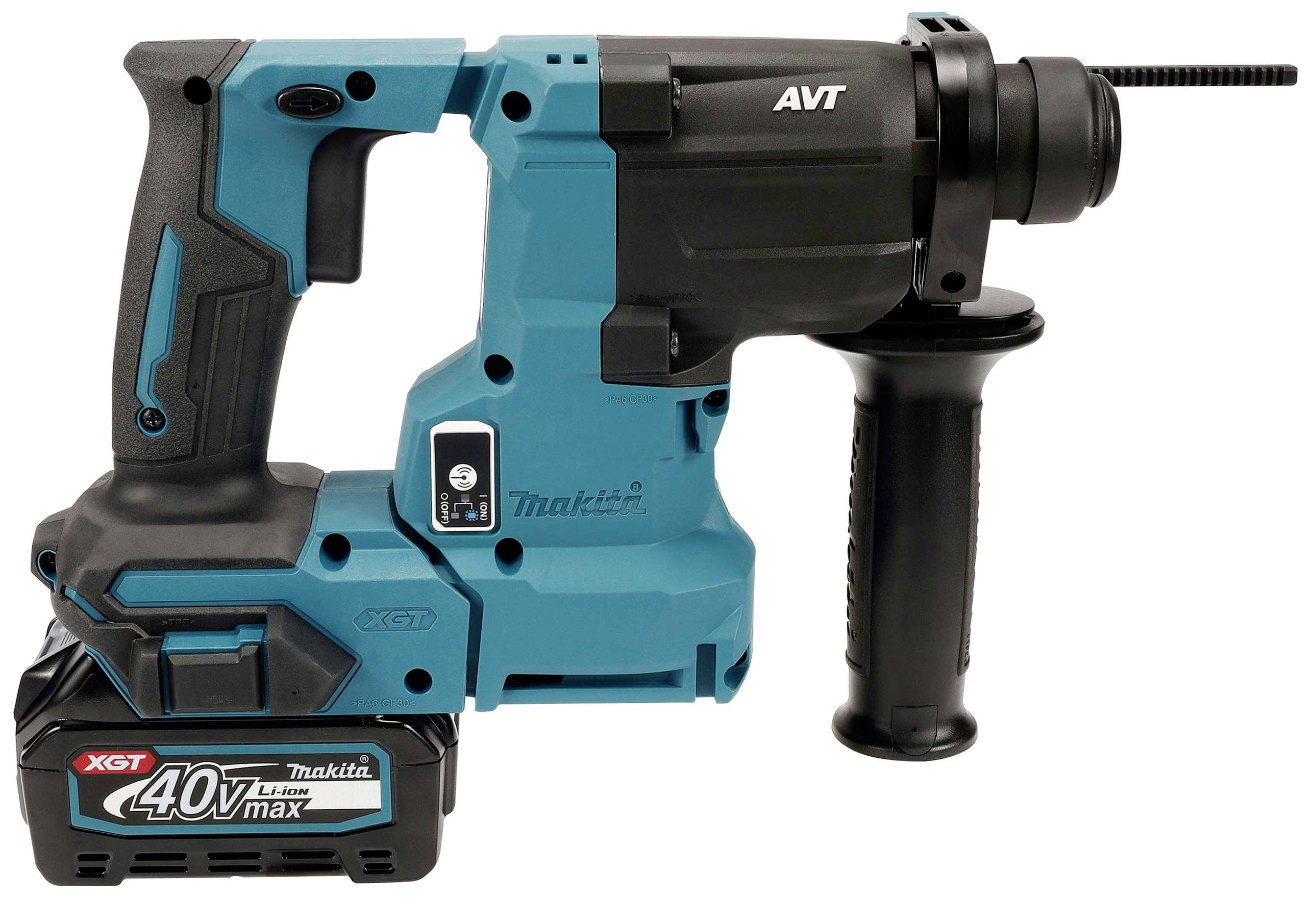 Ein blauer Akku-Bohrhammer mit 40V, ergonomischem Griff und Zusatzgriff. Geeignet für leistungsstarkes Bohren und Meißeln.