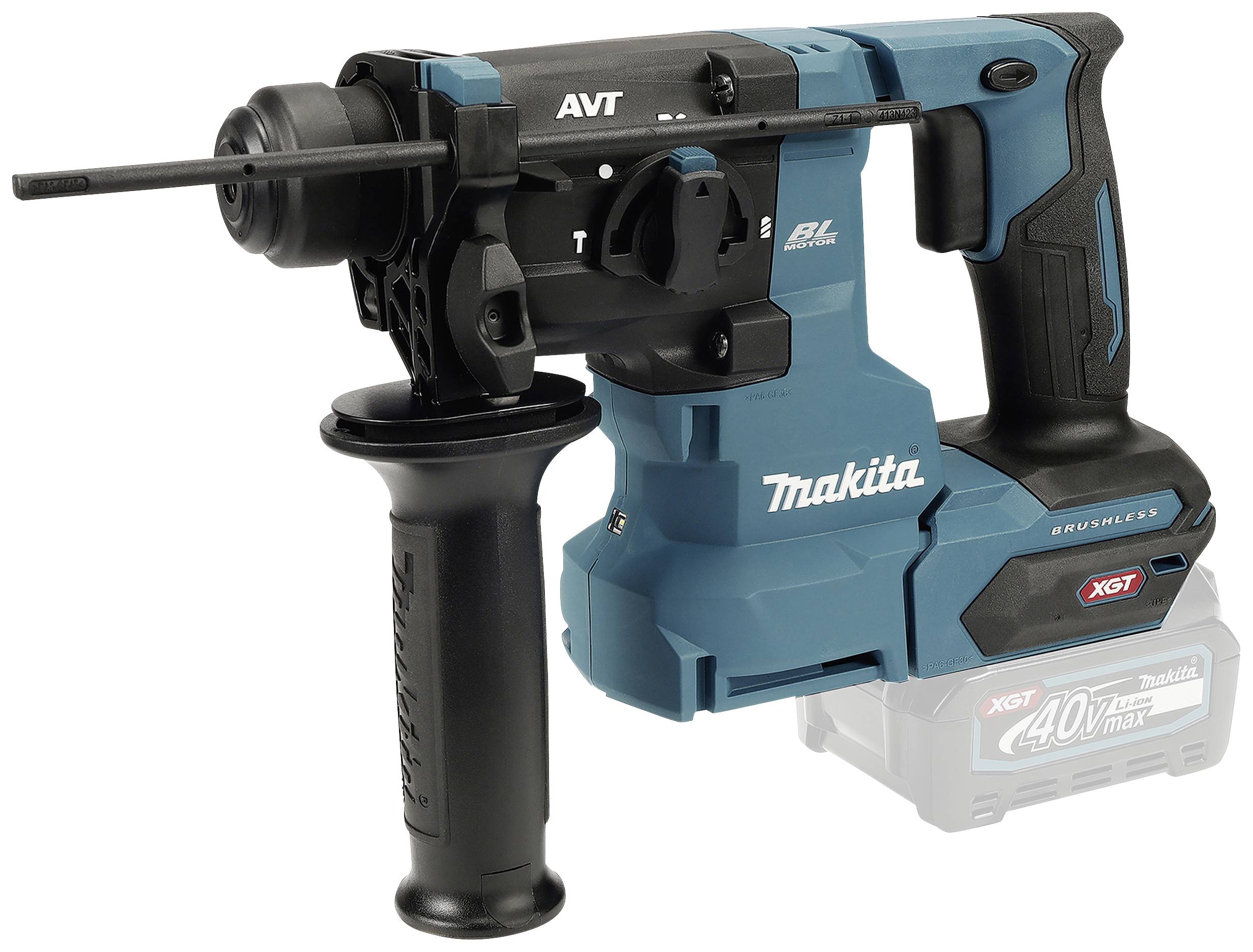 Akku-Bohrhammer mit blauem Gehäuse, schwarzem Griff und rotem Logo. Vorschau auf Makita 40V max Li-Ion.
