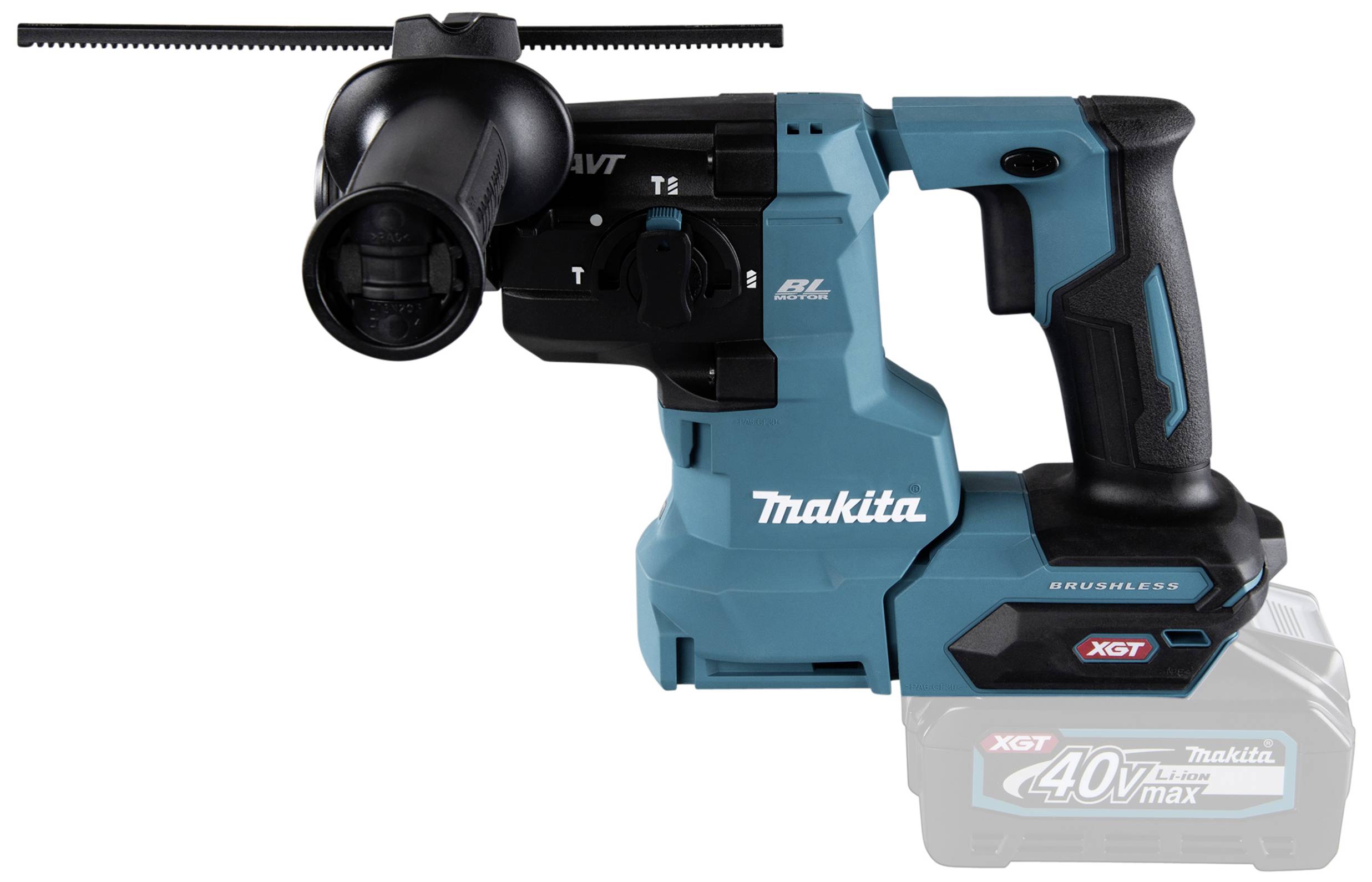Ein kabelloser Bohrhammer von Makita in Blau mit 40V Akku, geeignet für starkes Bohren.