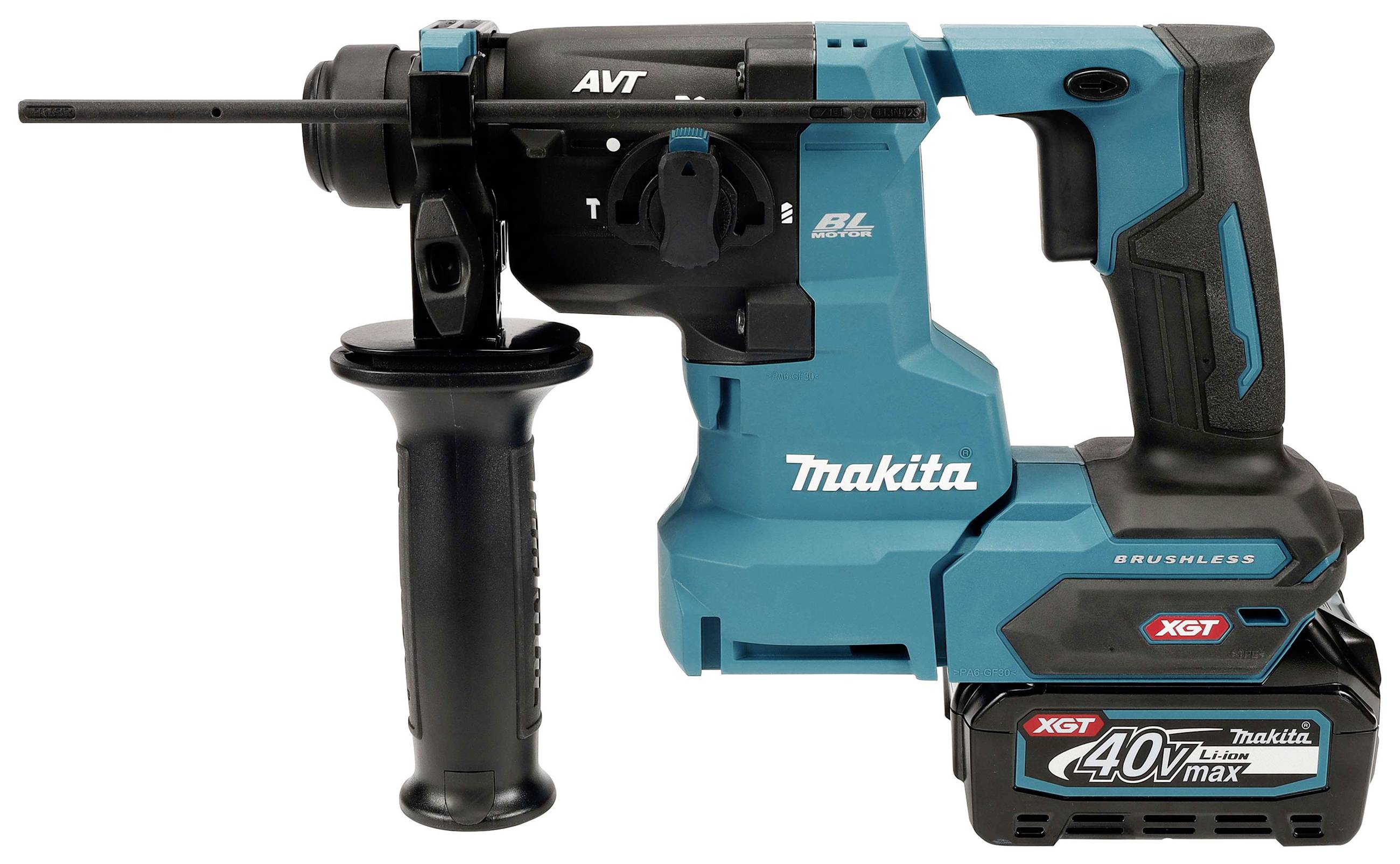 Ein blauer, kabelloser Makita Bohrhammer mit einem 40V Max Akku und einem seitlichen Griff.