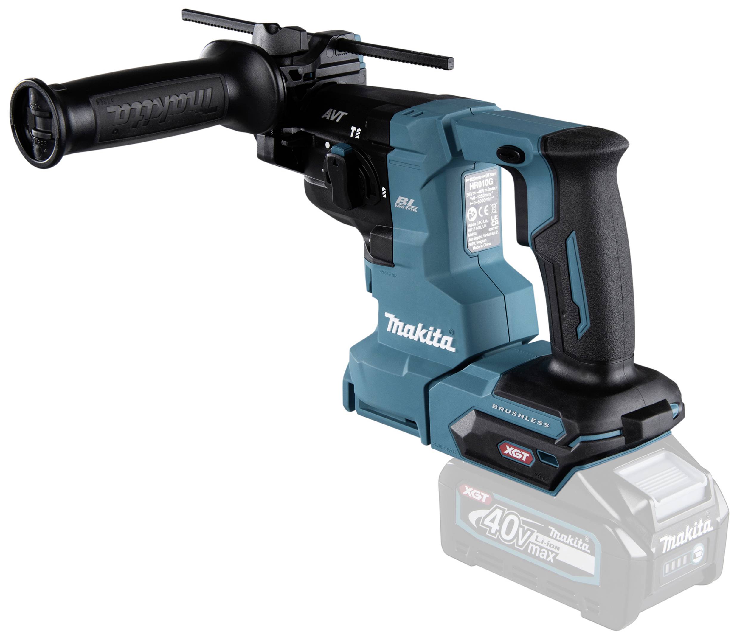 Akkubohrhammer von Makita in Blau mit seitlichem Handgriff. Batteriefach an der Unterseite, ohne eingelegte Batterie.