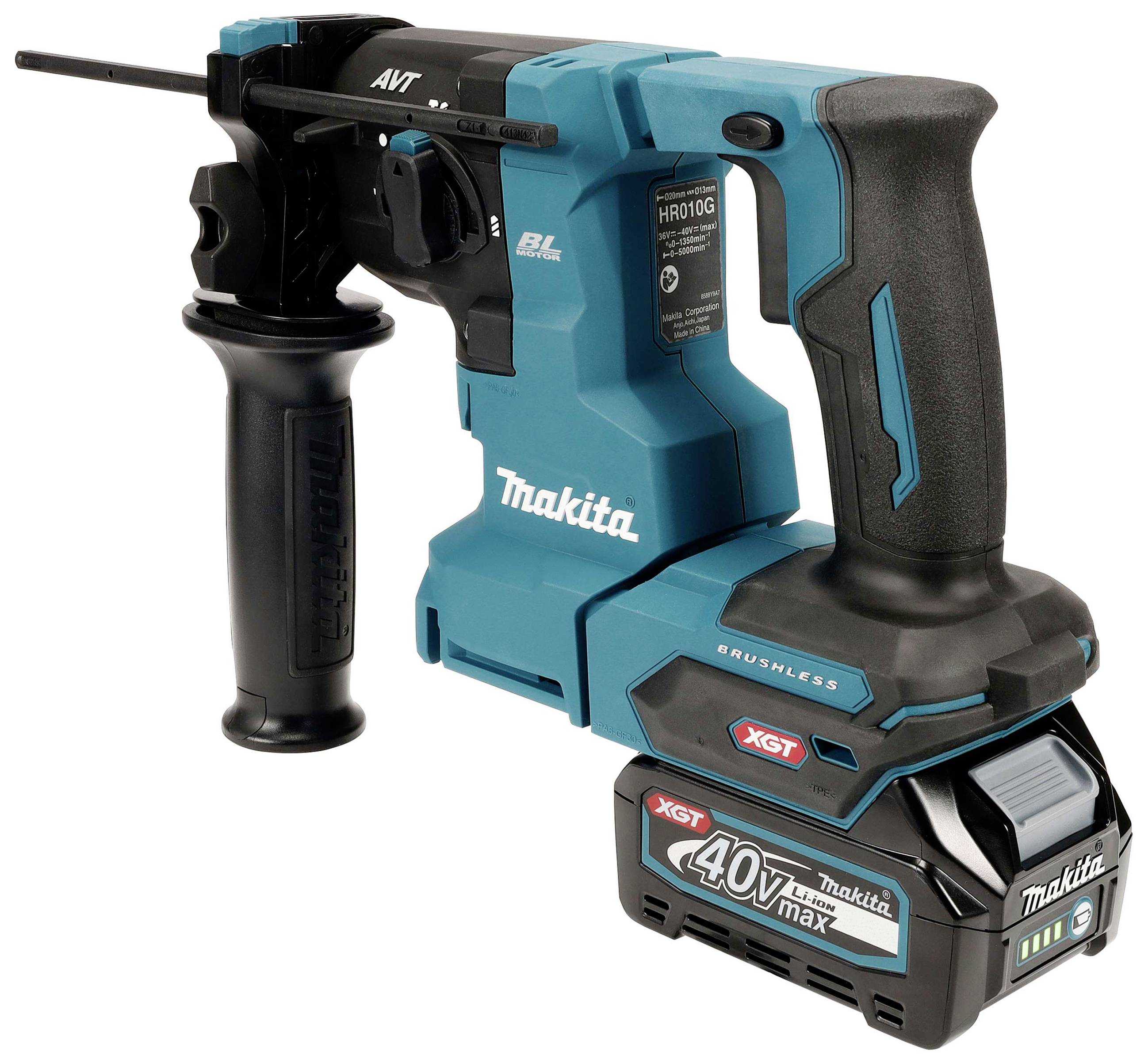 Akkubohrhammer in Blau-Schwarz von Makita, Modell XGT 40V max, mit ergonomischem Griff und Zusatzhandgriff.