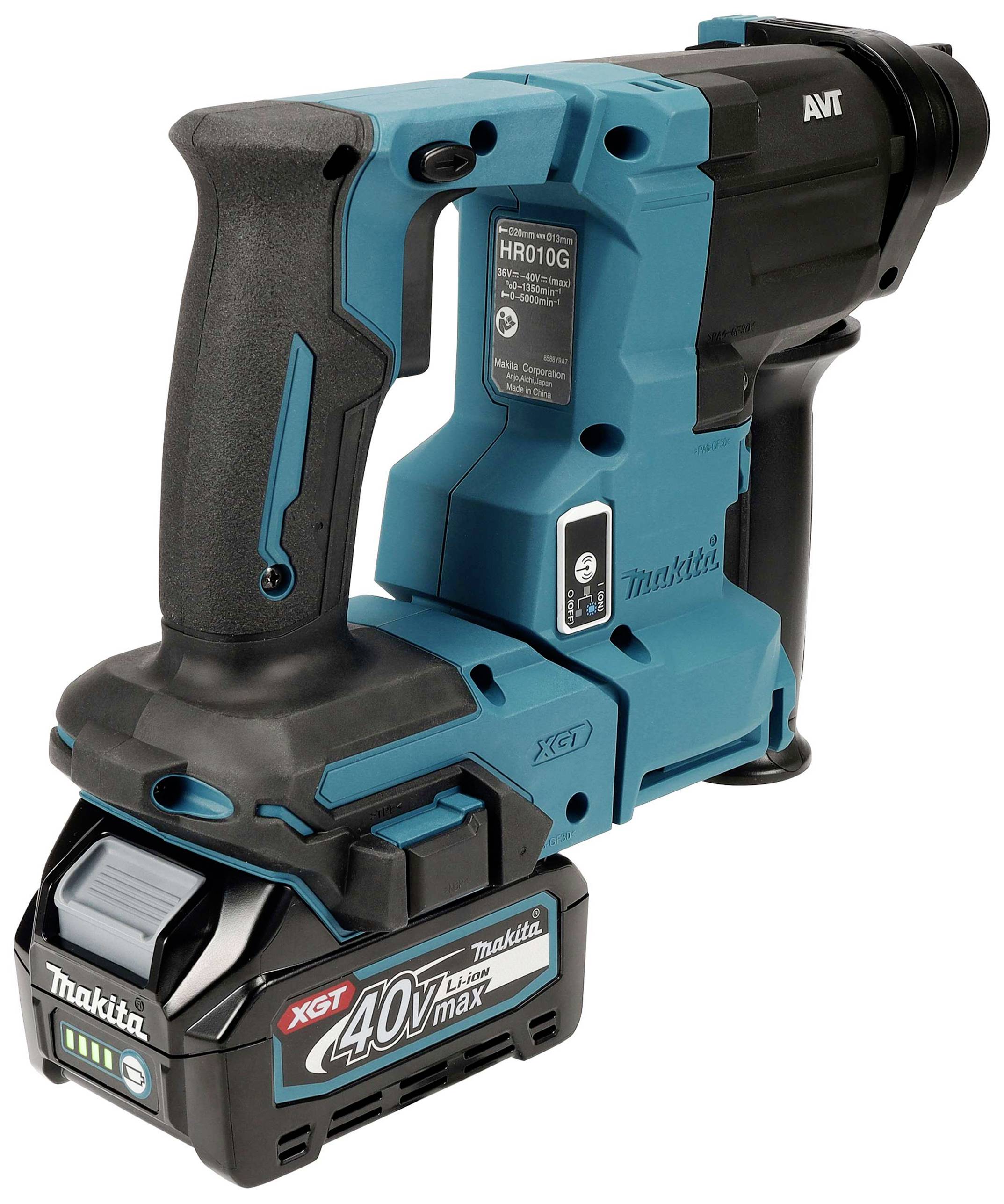 Ein blau-schwarzer kabelloser Abbruchhammer mit 40V-Lithium-Ionen-Akku, ergonomischem Griff und kompaktem Design.