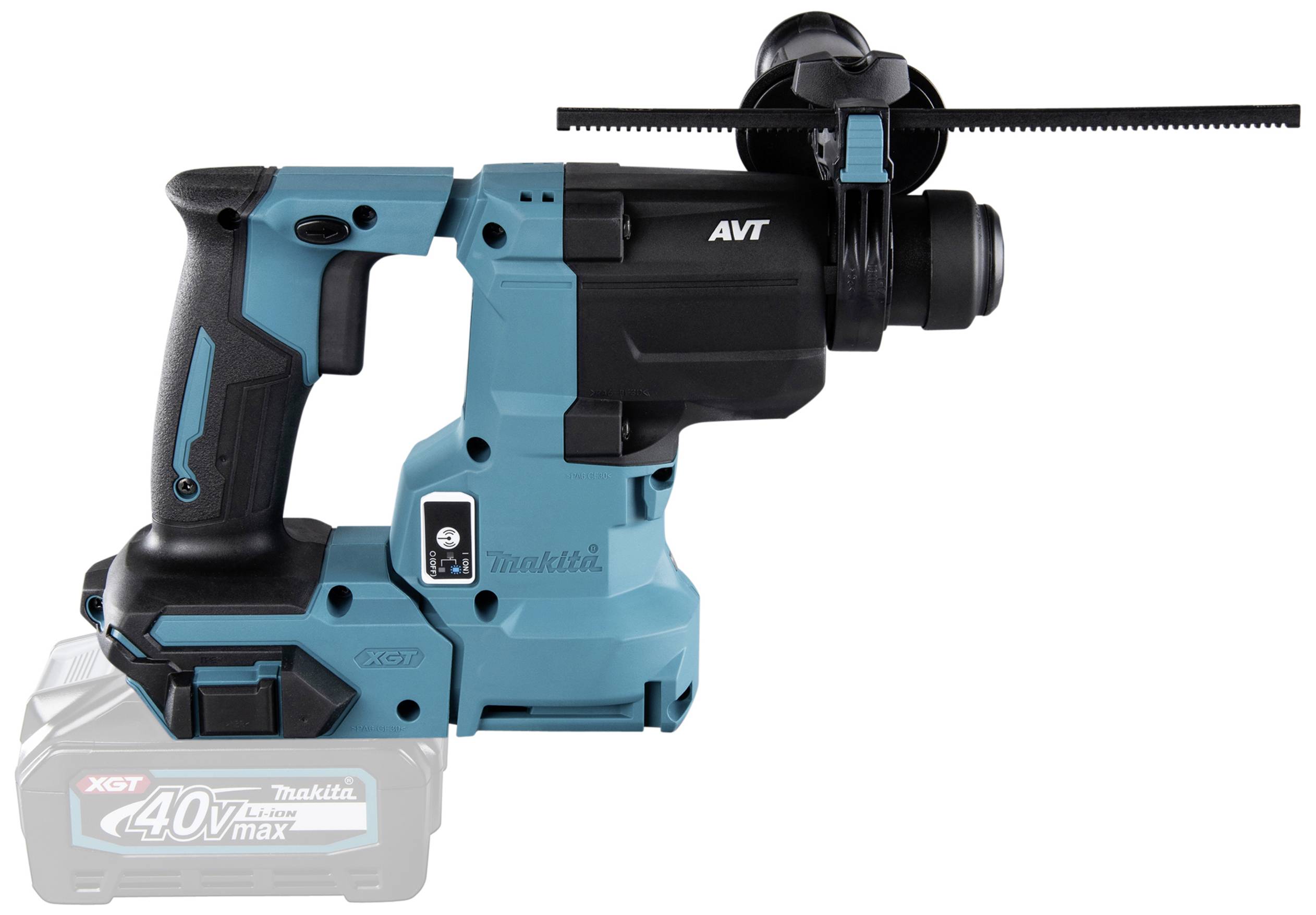 Ein blau-schwarzer Akku-Bohrhammer mit AVT-Technologie von Makita. Batterie zeigt '40V max' an.