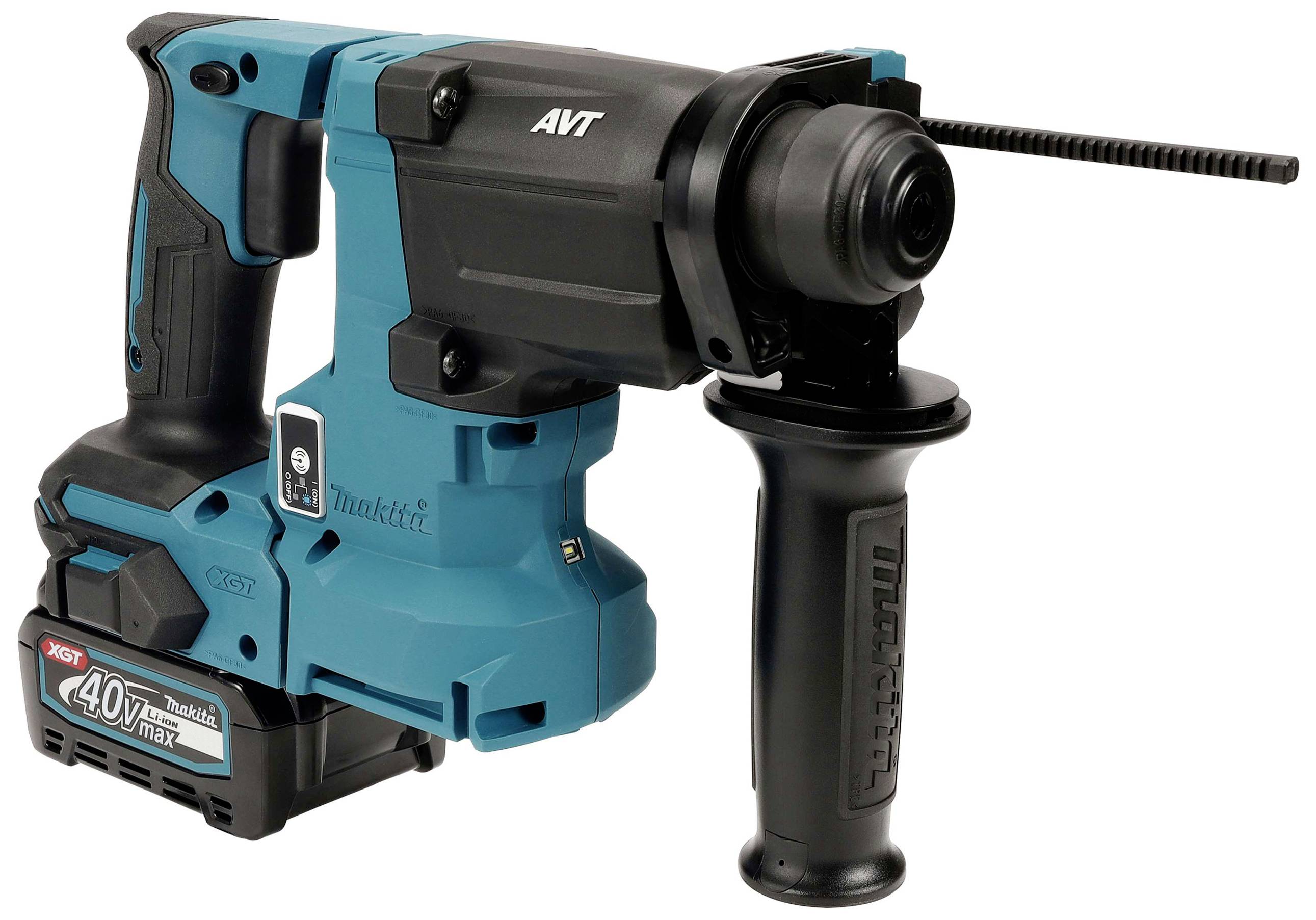 Ein blauer akkubetriebener Bohrhammer mit ergonomischem Griff und Schlagbohrfunktion, geeignet für Baustellen- oder Heimwerkerarbeiten.