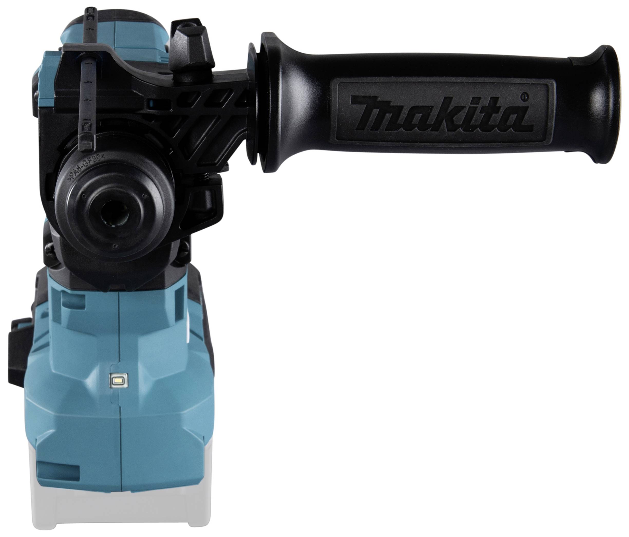 Elektrisches Handwerkzeug mit blauem Gehäuse und schwarzem Griff von vorne gezeigt, geeignet für Bau- oder Reparaturarbeiten.