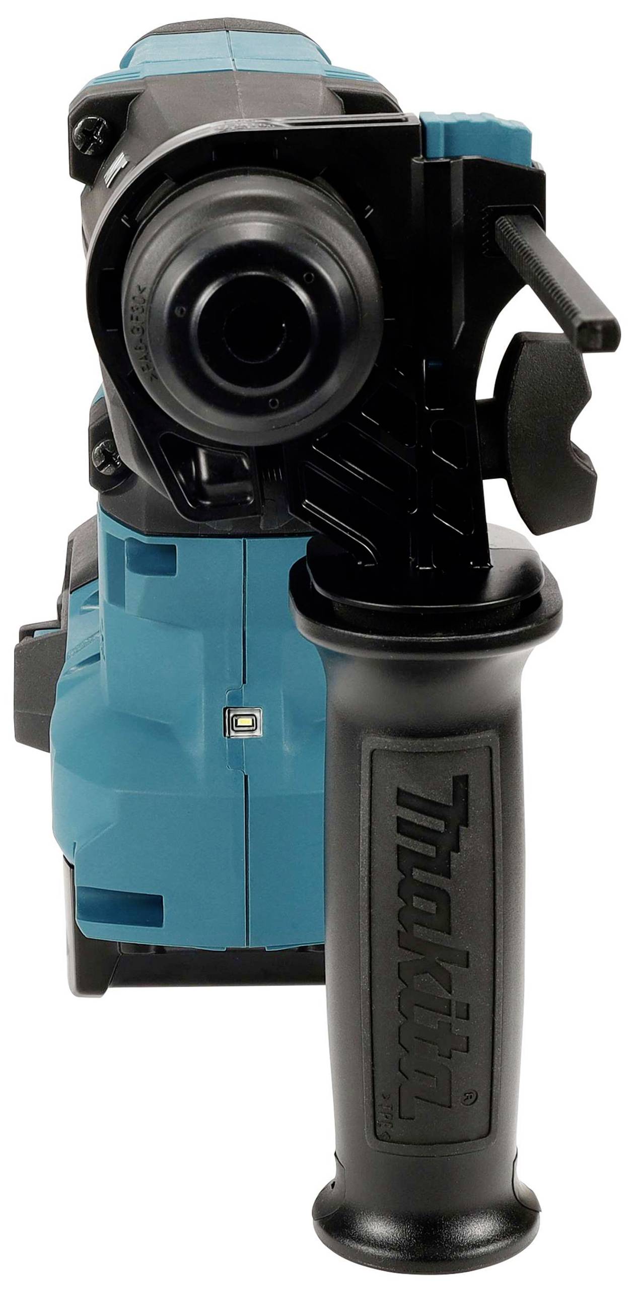 Ein blauer Bohrhammer mit schwarzem Griff, frontal abgebildet. Der Griff trägt die eingravierte Marke.